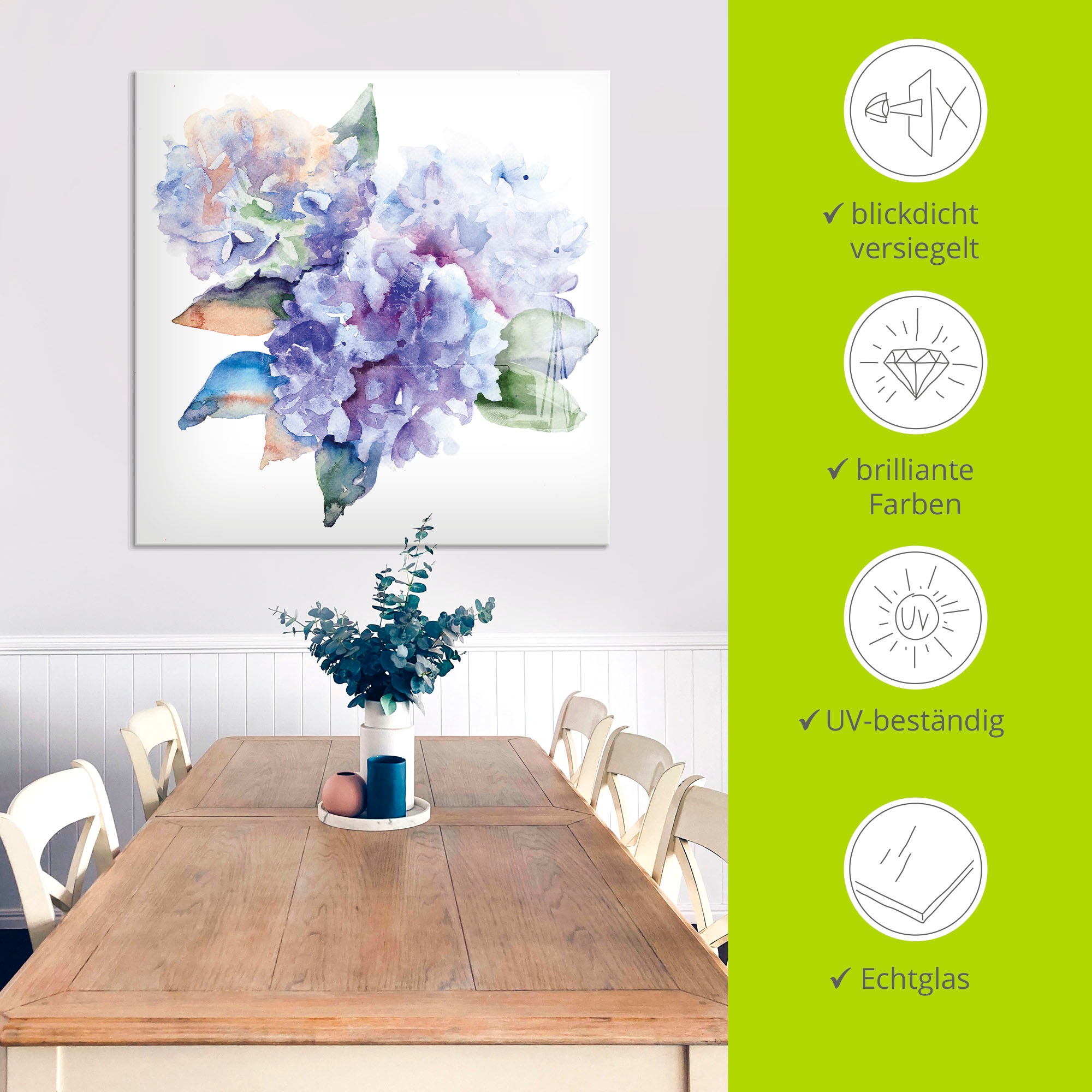 Artland Glasbild »Hortensien« Blumen 1 Stk. tlg. in verschiedenen Größen