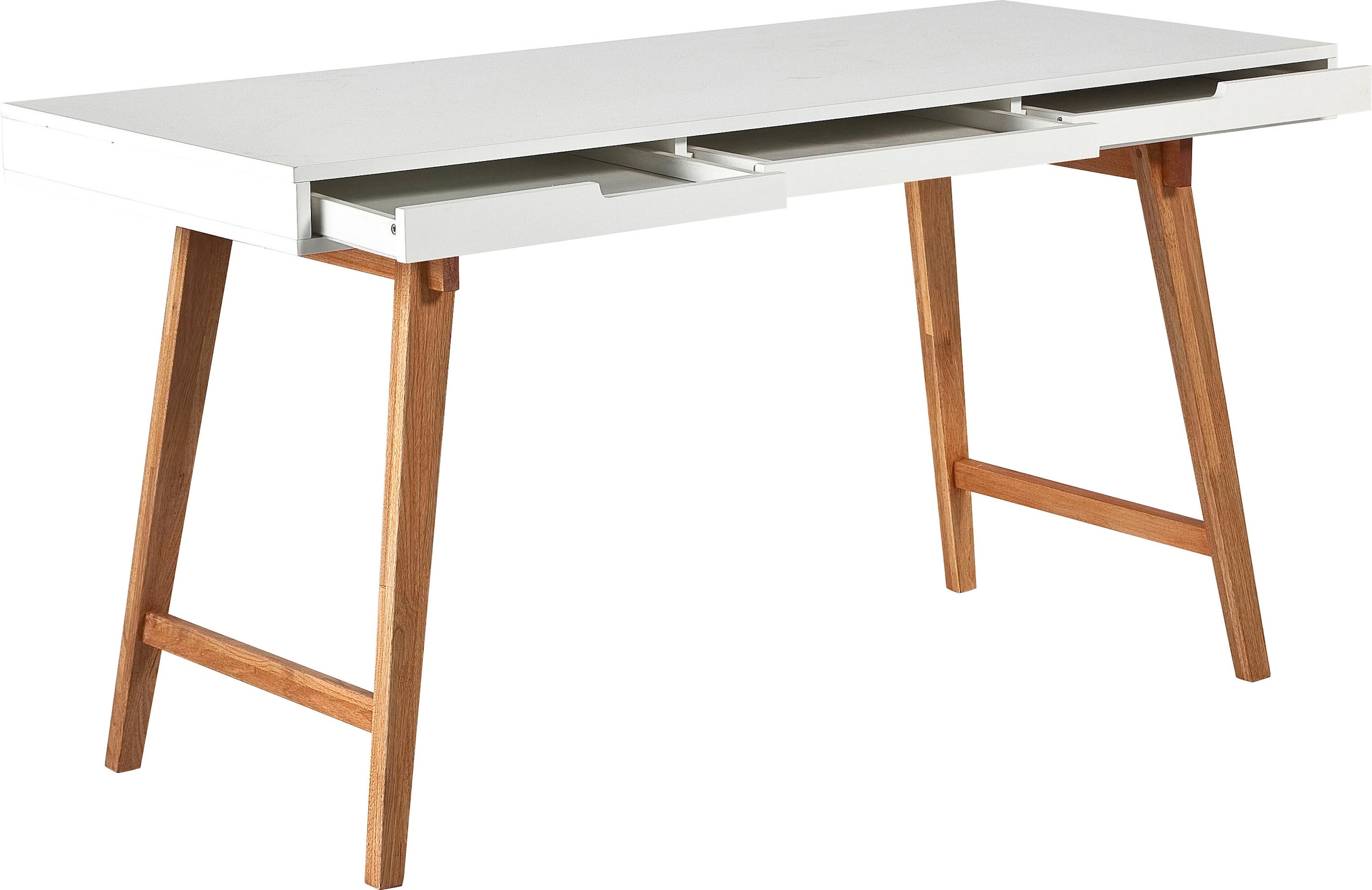 MCA furniture Schreibtisch »Anneke L«, weiß matt lackiert, Gestell Massivholz buchefarben, Breite 140 cm