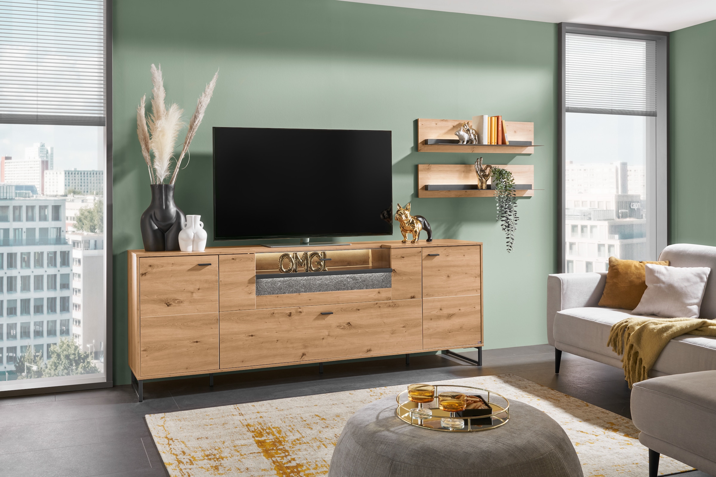 set one by Musterring TV-Schrank »Deltona« inkl. LED-Beleuchtung, Metallkufe, Sandstein-Zierelement, B229 x H83cm