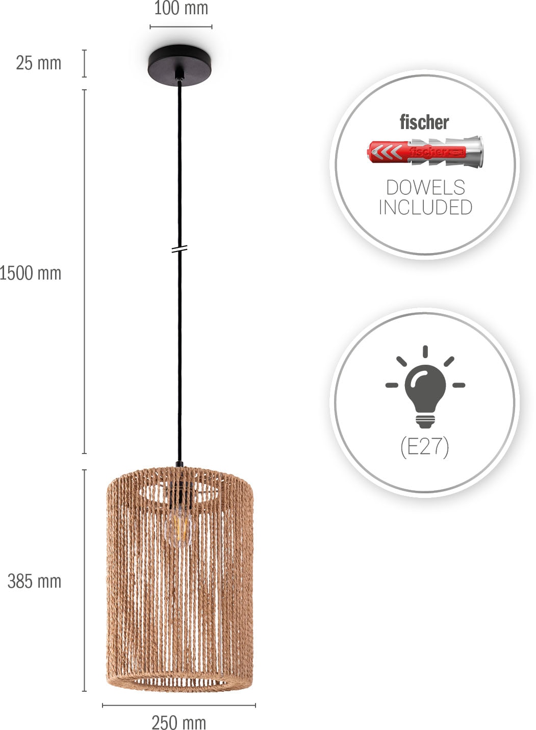 Paco Home Pendelleuchte »Hugo Ricarda«, Leuchtmittel E27 | ohne Leuchtmittel, Wohnzimmer Esszimmer Rattan Optik Boho Lampenschirm Papier Rund