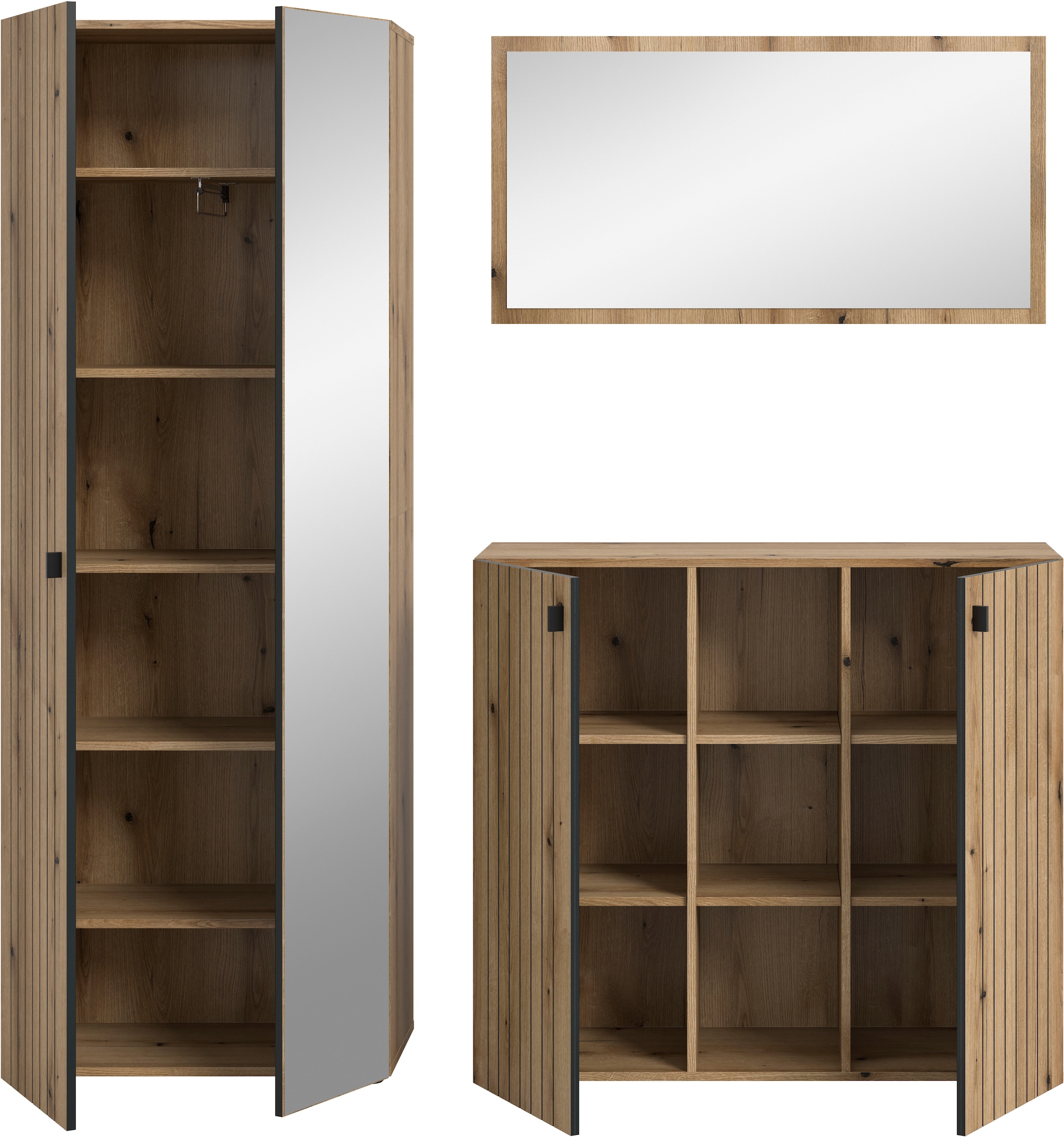 Home affaire Garderoben-Set »TATIO, 3-tlg. Garderobenkombination, Breite: 191 cm, Rillenfräsung« Set, Set, best. aus: 1 Spiegel, 1 Garderobenschrank, 1 Schuhkommode, 3 Stk. tlg.