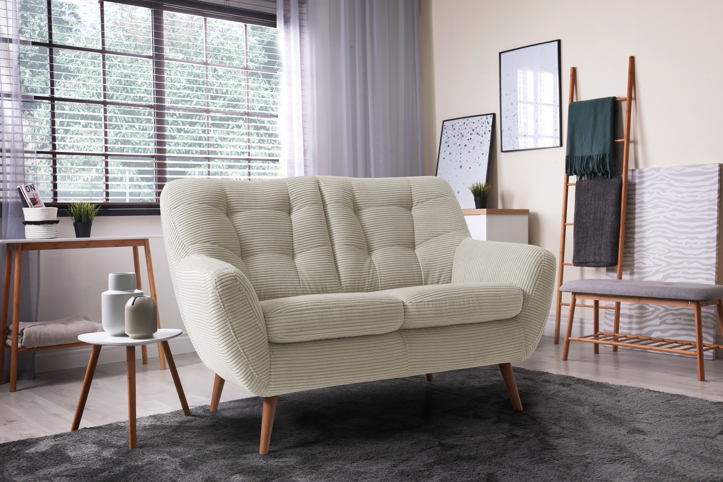 exxpo - sofa fashion 2-Sitzer »Scandi, bequem, aufwendige Rückenpolsterung für mehr Sitzkomfort«, akuelle Farben in hochwertige Bezugsqualitäten, Holzfuß