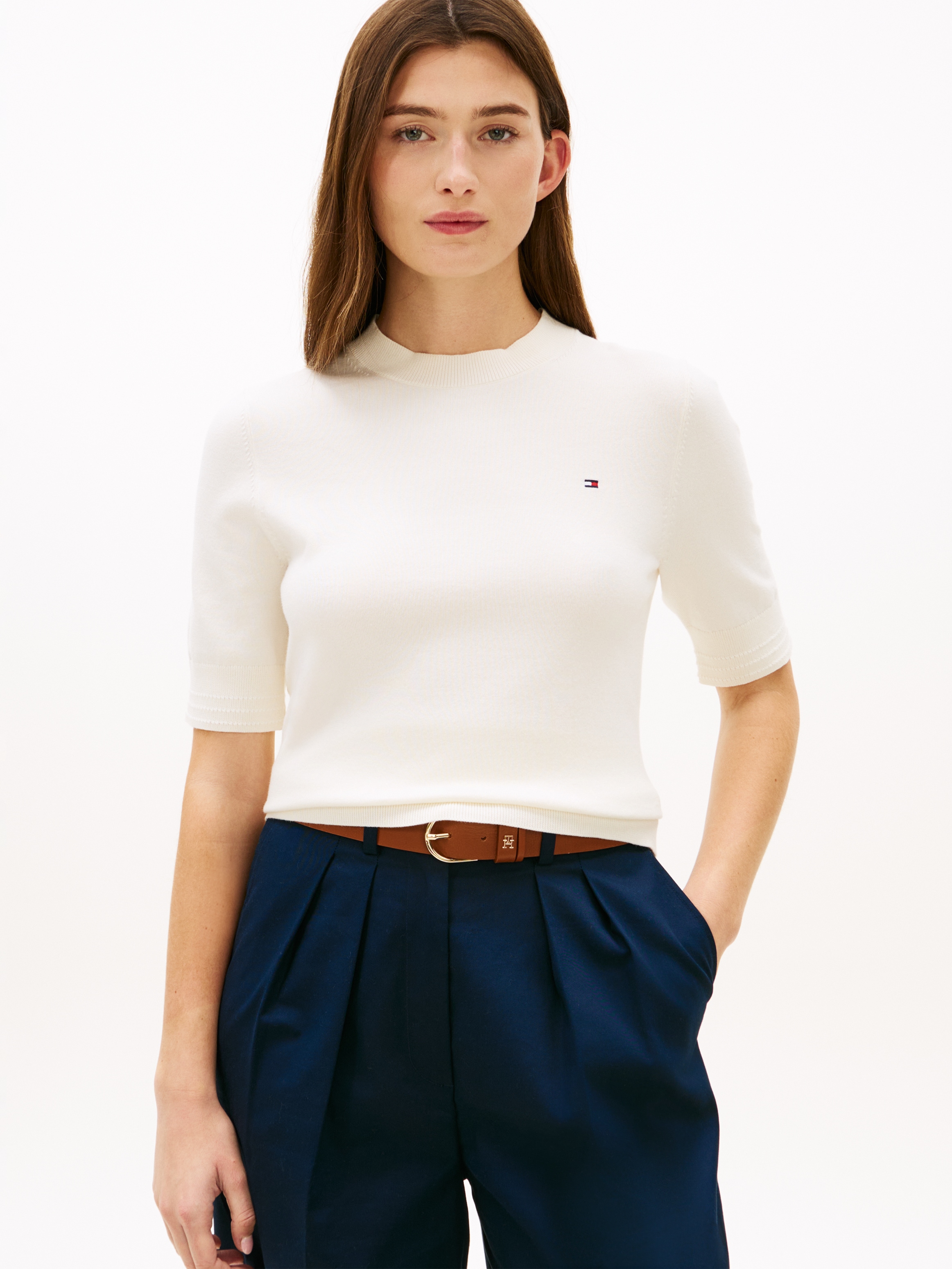 Tommy Hilfiger Kurzarmpullover »CO JERSEY FINE GG C-NK SS SWT« Baumwollmischung, Regular Fit