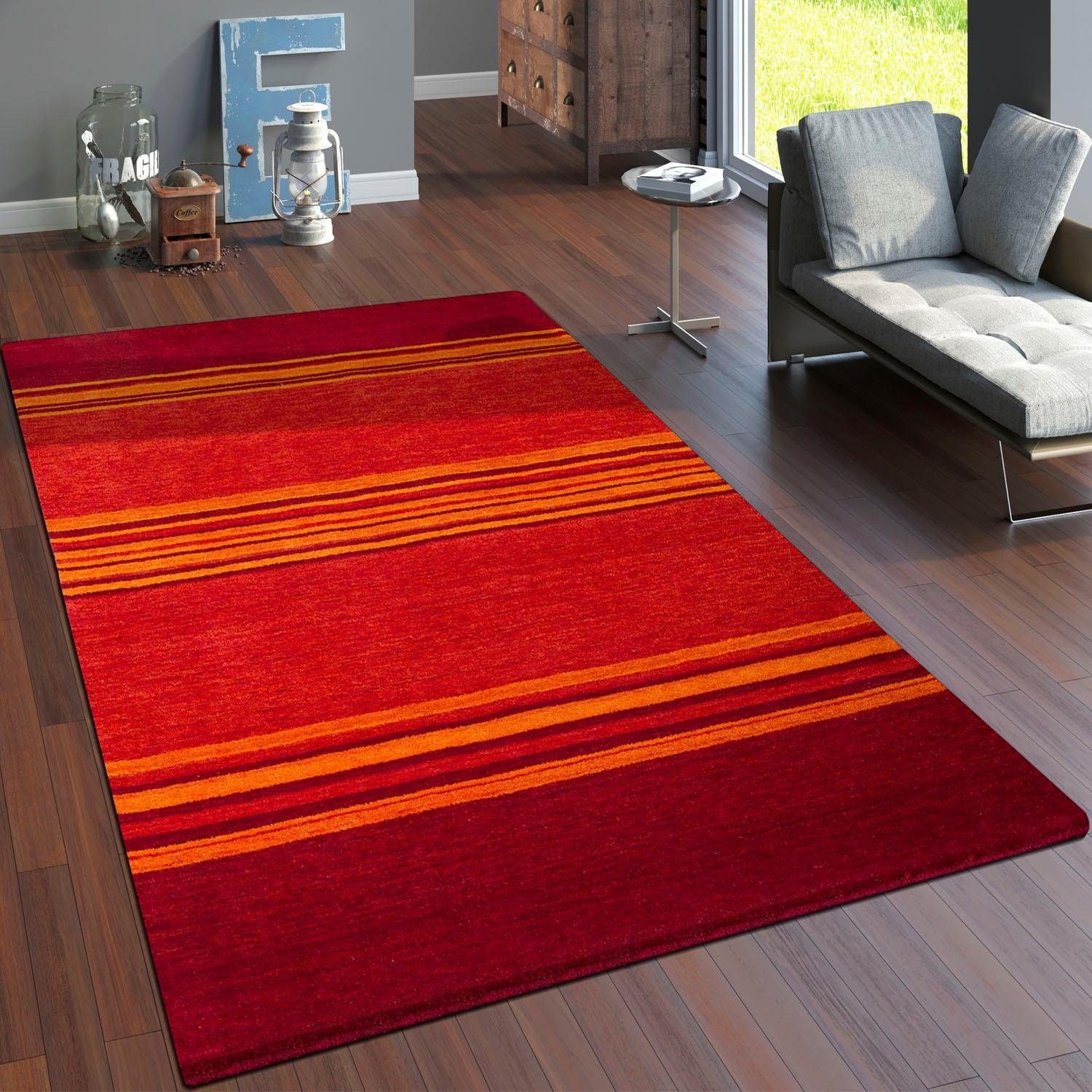Paco Home Wollteppich »Gabbeh 307«, rechteckig, 14 mm Höhe, Kurzflor, handgewebt, reine Wolle, Gabbeh-Stil, gestreift, Wohnzimmer