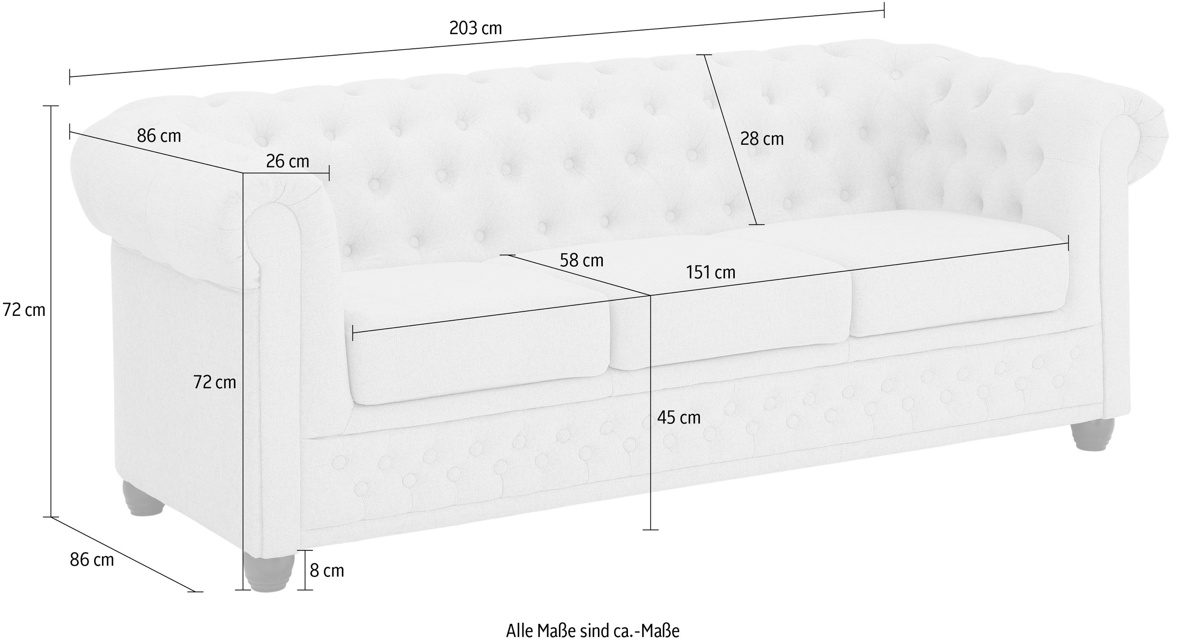 Home affaire Chesterfield-Sofa »New Castle«, mit hochwertiger Knopfheftung in Chesterfield-Design, B/T/H: 203/86/72