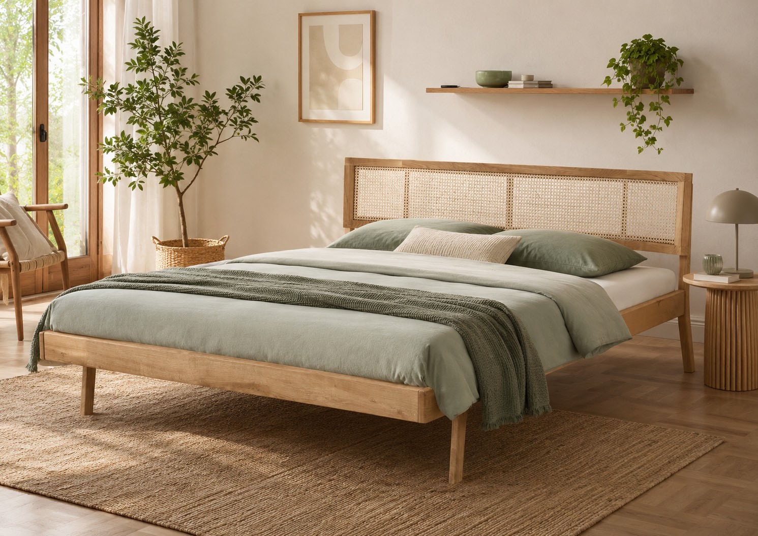 OTTO home Massivholzbett »Hällevik, Kopfteil höhenverstellbar, Eiche massiv, mit Wiener Geflecht« skandinavischer Stil, Made in EU, FSC®-zertifiziert, sehr stabil