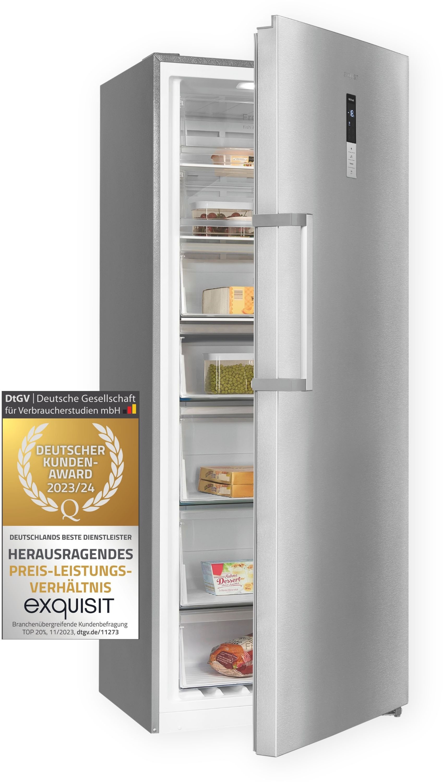 exquisit Gefrierschrank »GS380-NF-H-050D inoxlook«, 185,5 cm hoch, 71 cm breit, Türanschlag wechselbar