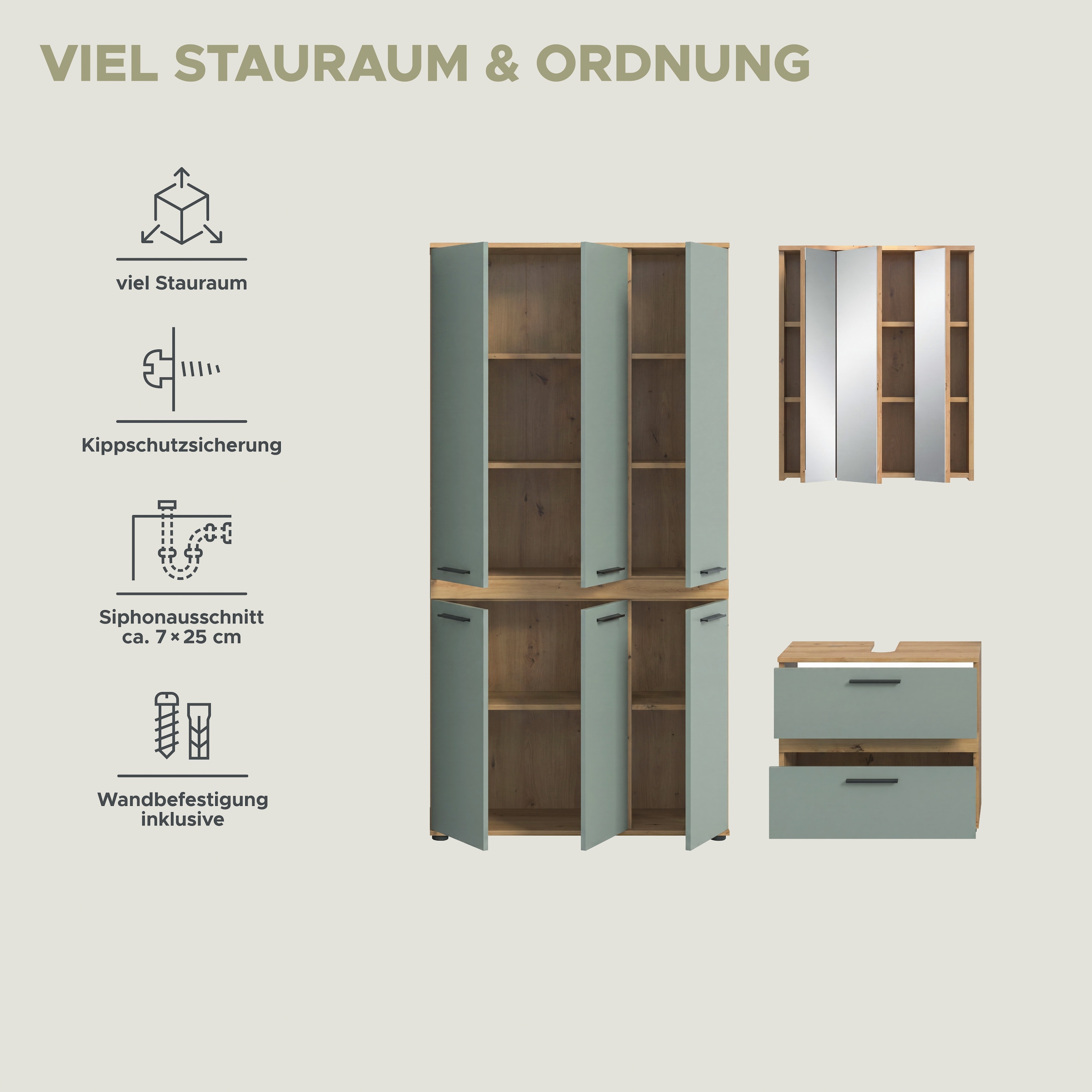welltime Badmöbel-Set »LUCCA, 3-tlg. Badkombination, viel Stauraum, modernes Design« 3 Stk. tlg.