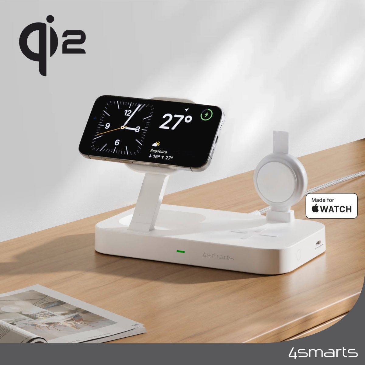 4smarts Wireless Charger »Qi2 Ladestation Trident mit MFi Fast Charger«, für Apple iPhone, Watch 1/2/3/4/5/6/7/8/9/SE, Ultra, Ultra 2 und iPods