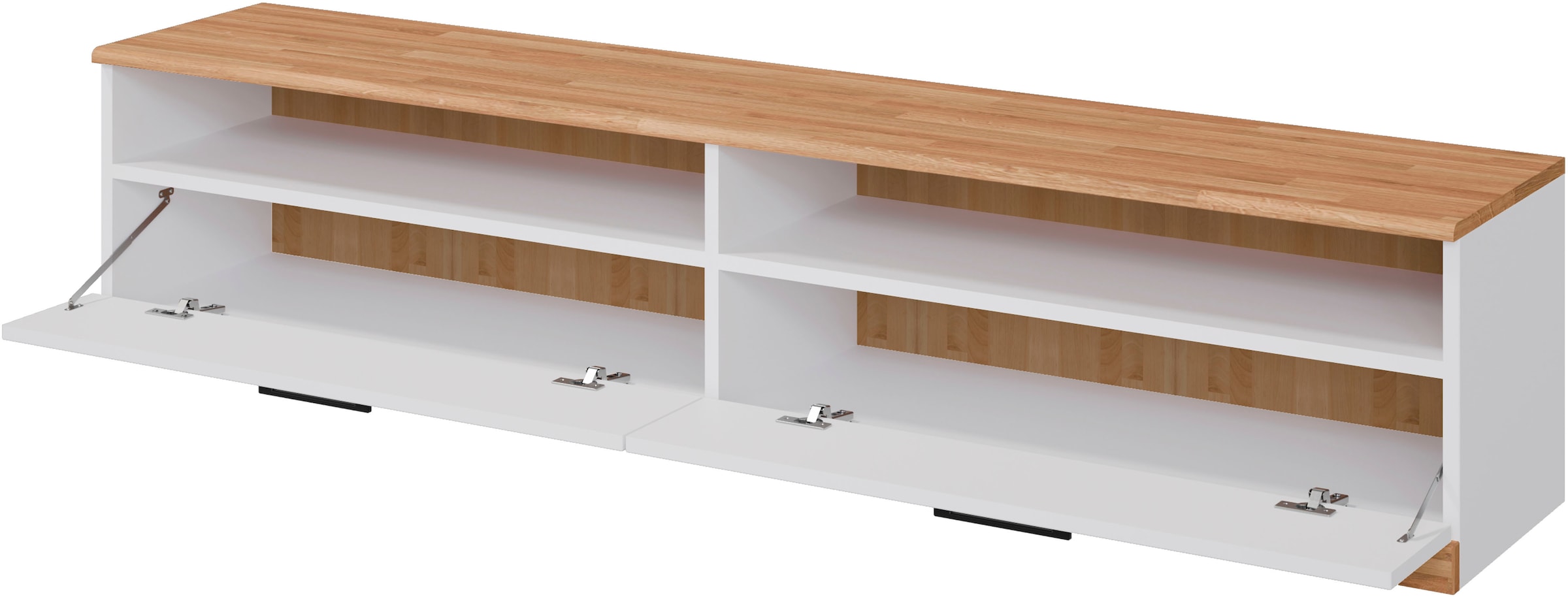 Home affaire Lowboard »Ribe,140cm breit,38cm hoch mit 2 Klappen,Oberplatte aus Massivholz«, Oberplatte Eiche massiv,schwarze Metall Griffe
