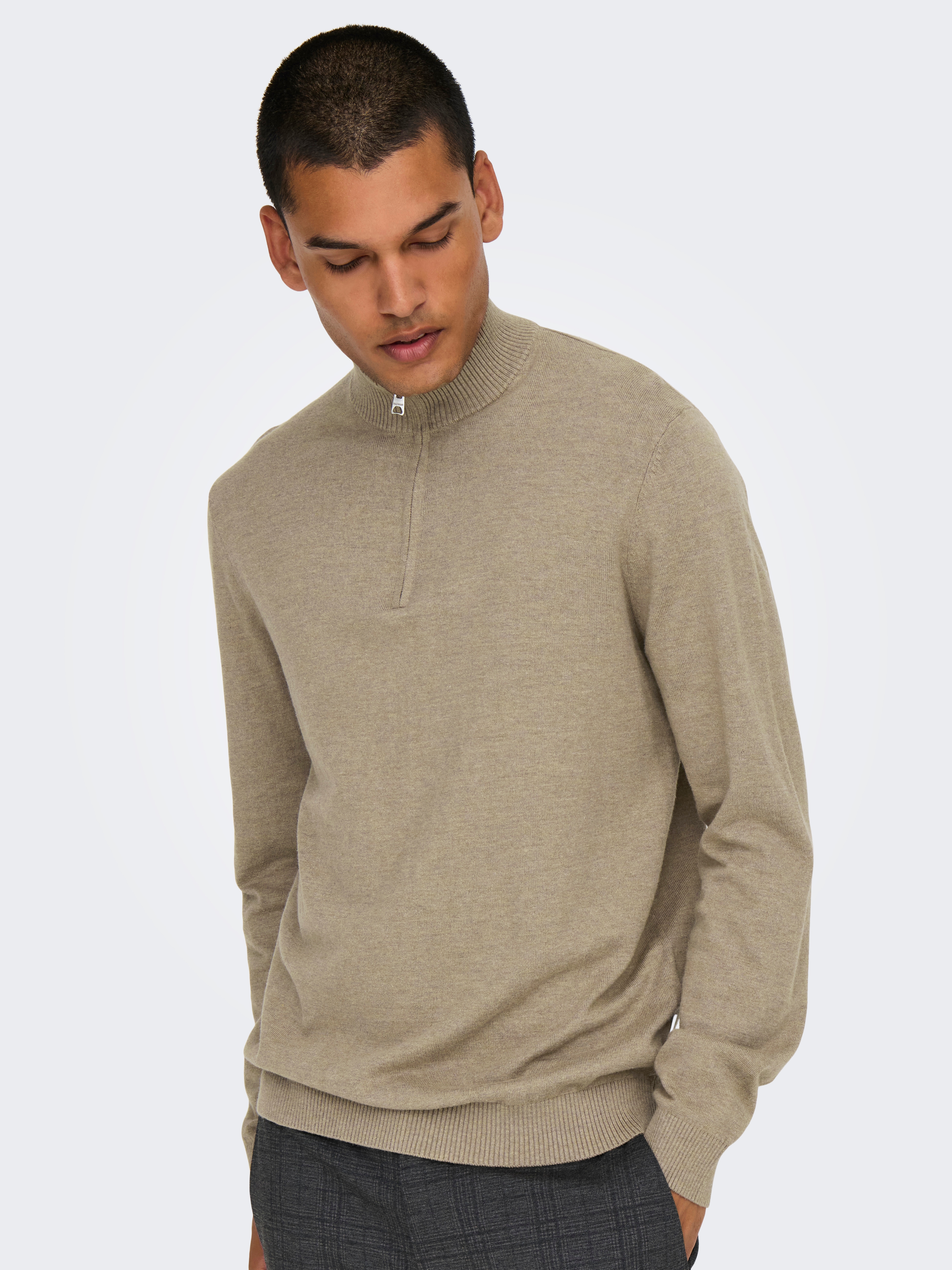 Only & Sons Herren Troyer »ONSLOUI REG 12 MEL HALF ZIP KNIT NOOS« in beige, Größe M