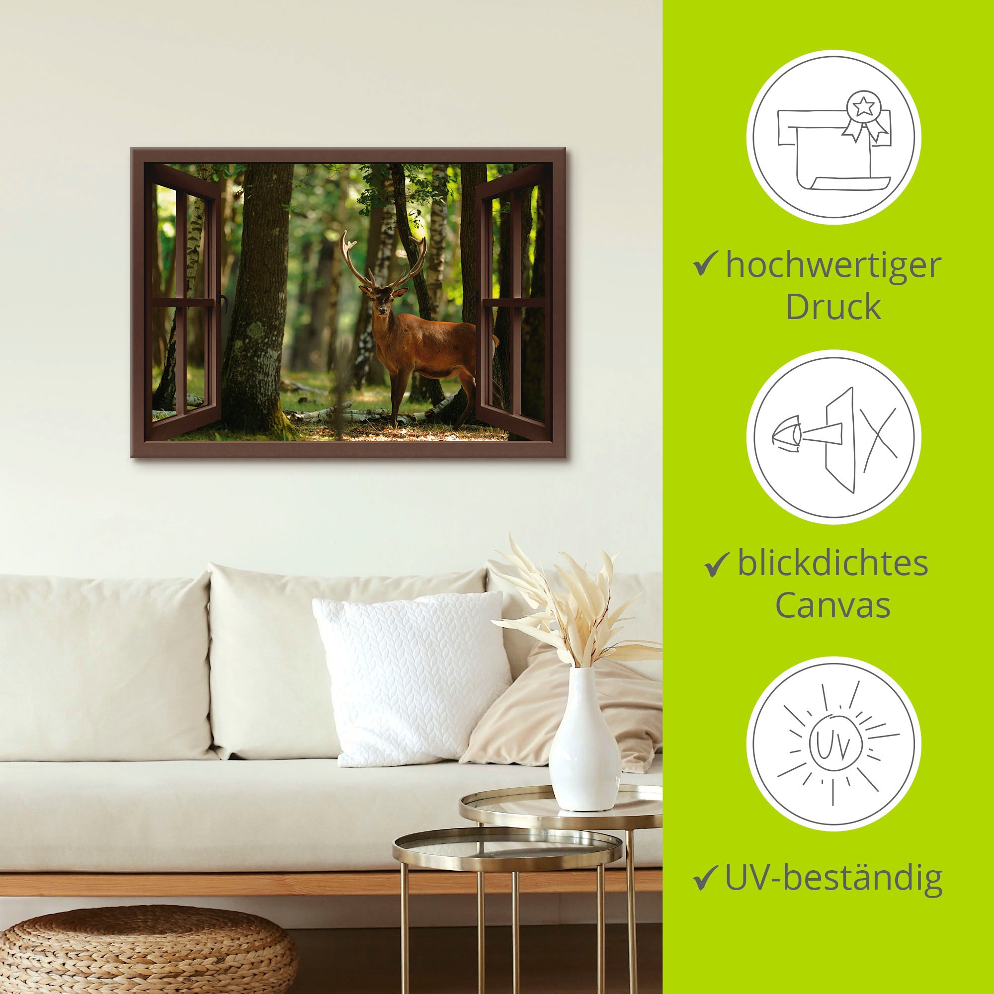 Artland Wandbild »Fensterblick - Hirsch 4 - Wald«, Fensterblick, (1 St.), als Leinwandbild, Wandaufkleber in verschied. Größen