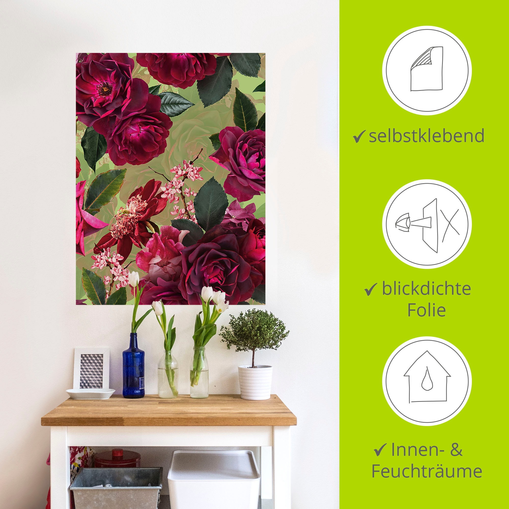 Artland Wandbild »Dunkle Rosen auf Grün«, Blumenbilder, (1 St.), als Alubild, Outdoorbild, Leinwandbild, Poster, Wandaufkleber