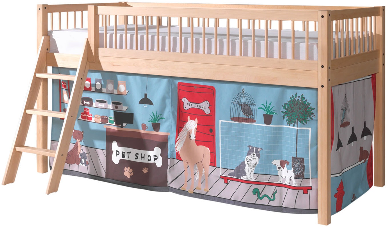 Vipack Spielbett »Forrest, Absturzschutz mit Sprossen-Optik, Pfostenstärken ca. 50x50mm« Buche natur lackiert, stabil und hochwertig gebaut, inkl. Lattenrost,  90/200 cm, inkl. Vorhang-Set 3-tlg., Spielbereich unter dem Bett