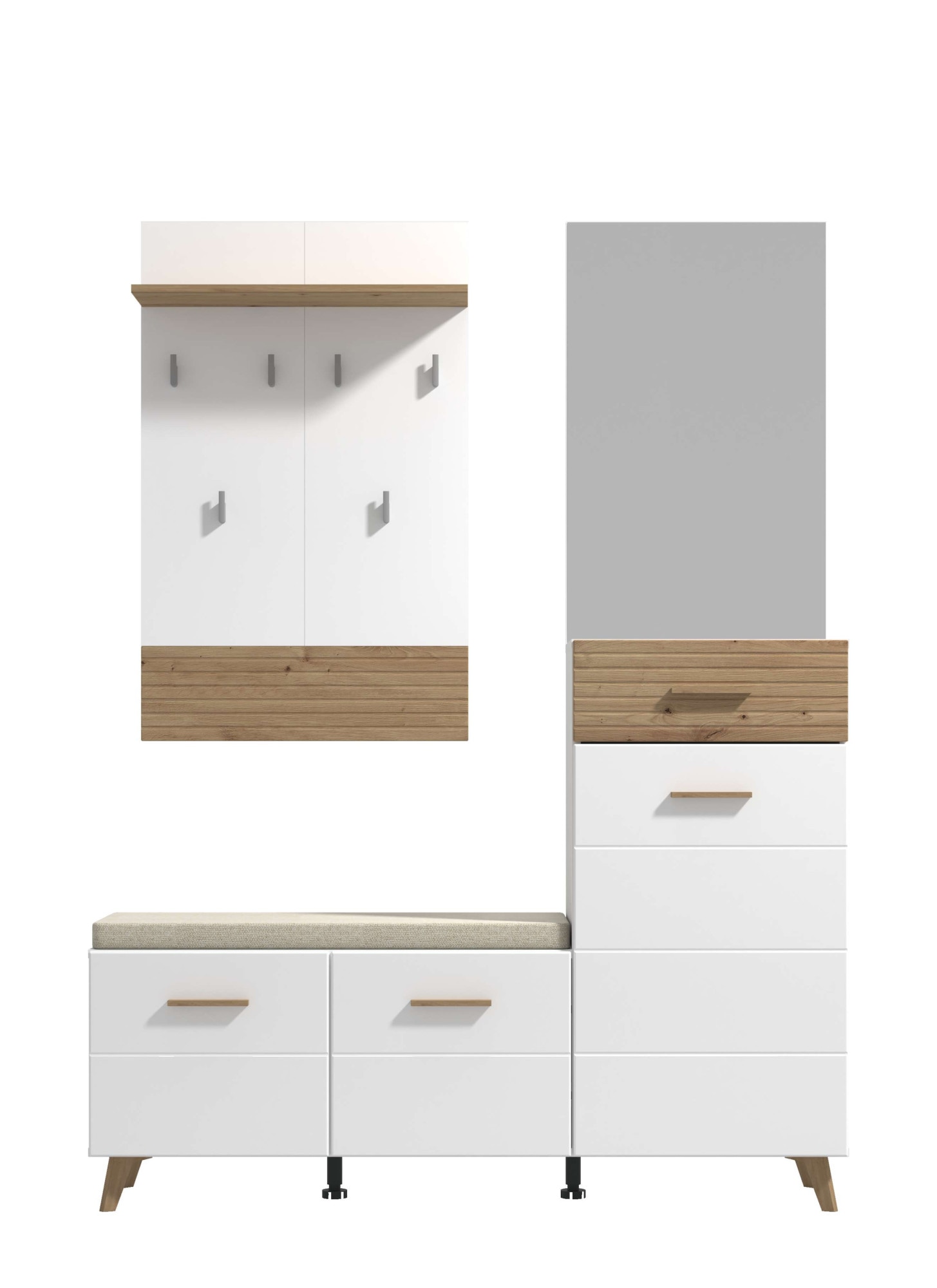 Home affaire Garderoben-Set »Sein Kompaktgarderobe, Flurgarderobe, Dielenschrank, Hochglanzfronten«, (Komplett-Set, 4 St.), mit Schuhschrank, Sitzbank, Garderobenpaneel und Spiegel