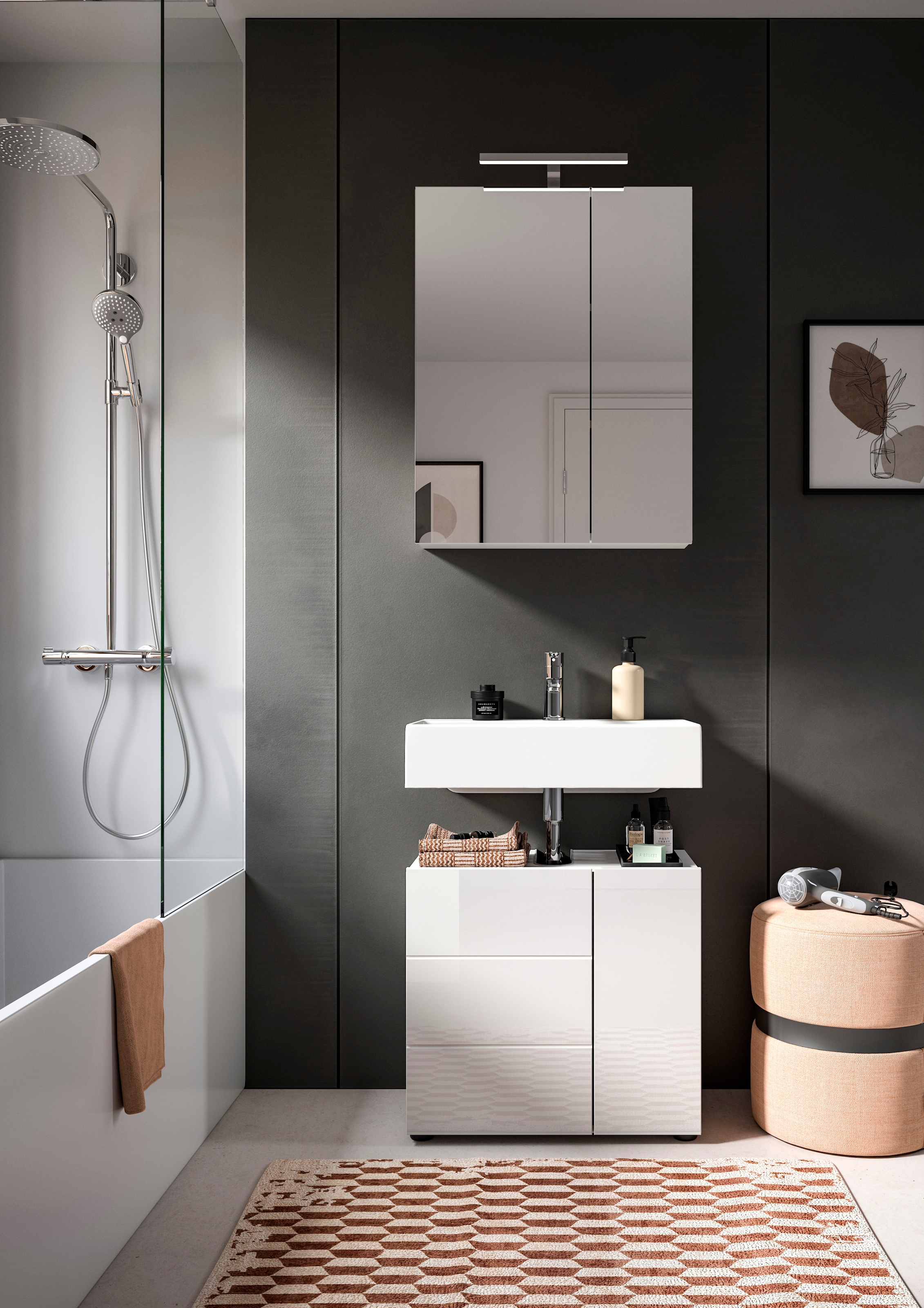 welltime Waschbeckenunterschrank »BIEL, TOPSELLER!, Breite 60 cm, 1 Tür, 2 Fächer, mit Siphonausschnitt«, (1 St.), Badmöbel, Badschrank, Schrank, Unterschrank, Bad, Badezimmer