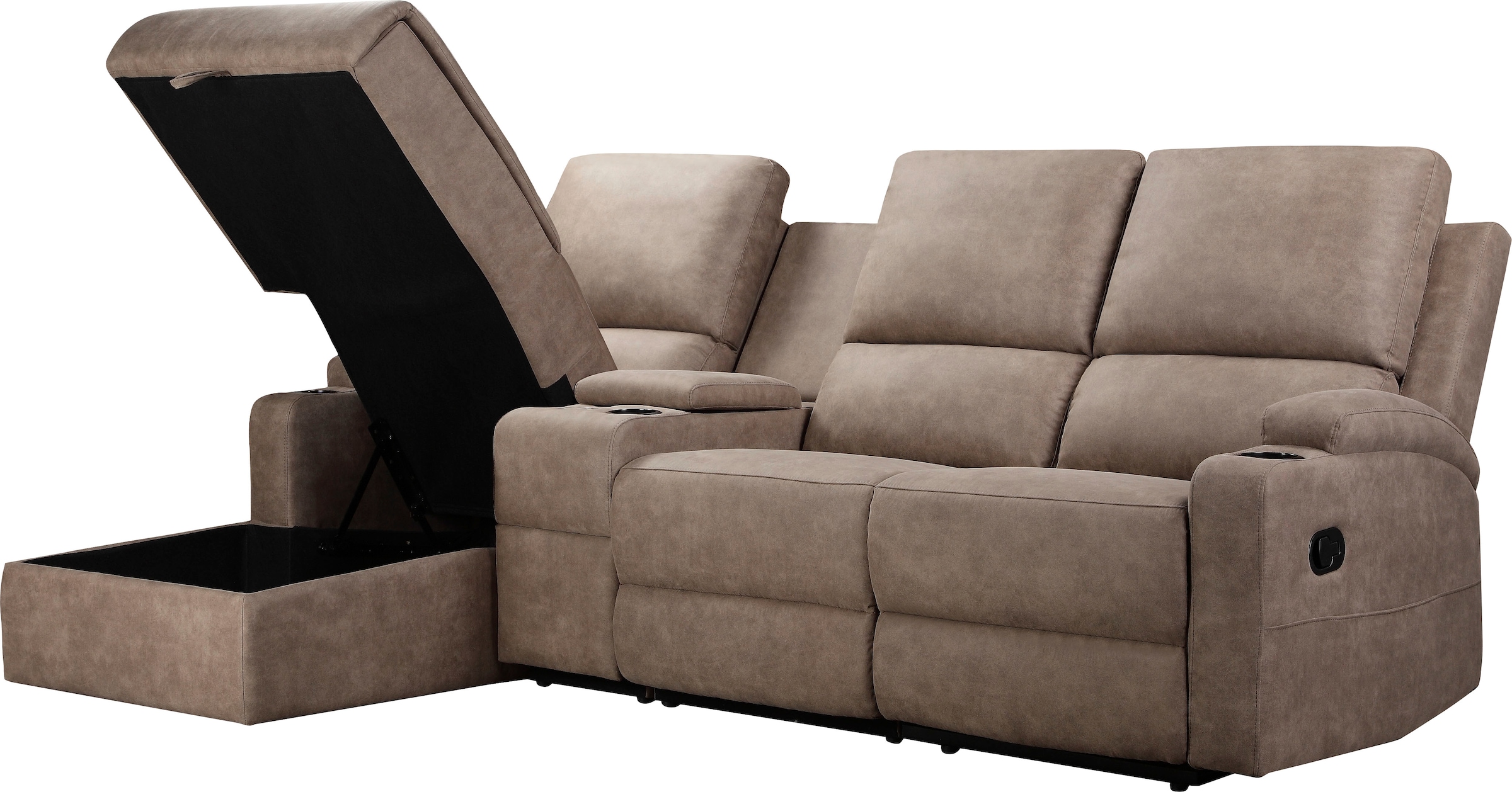 Home affaire Ecksofa »NAPORI Multimediasofa, 3er Kinosessel XXL, L-Form, 3 Bezugsstoffe«, Kinosofa mit Relaxfunktion, Getränkehalter, Staufach und Staukasten