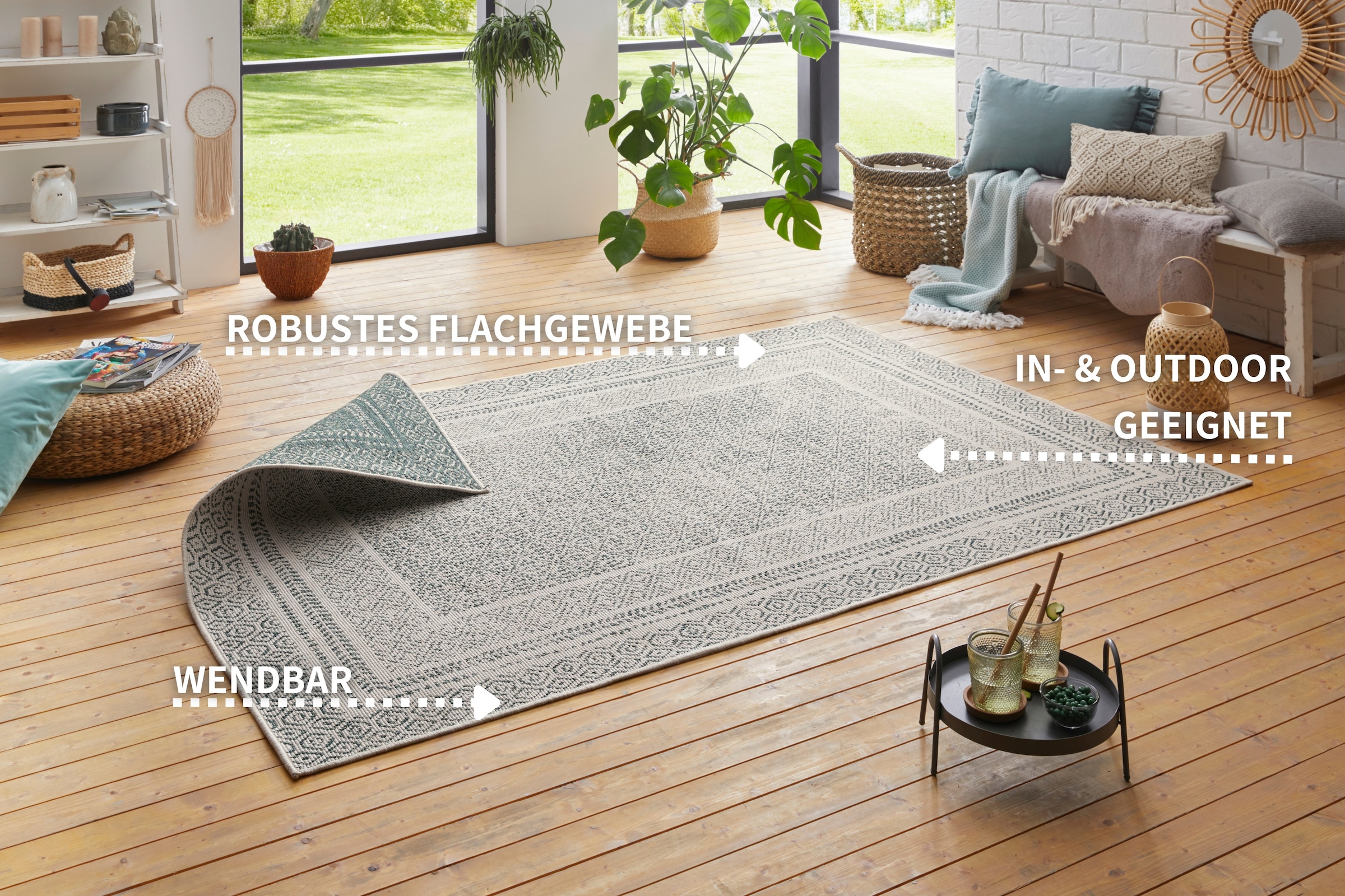 my home Teppich »Bernard Wendeteppich«, rechteckig, 5 mm Höhe, auch als Läufer, Robust, Pflegeleicht, Flachgewebe, In- und Outdoor