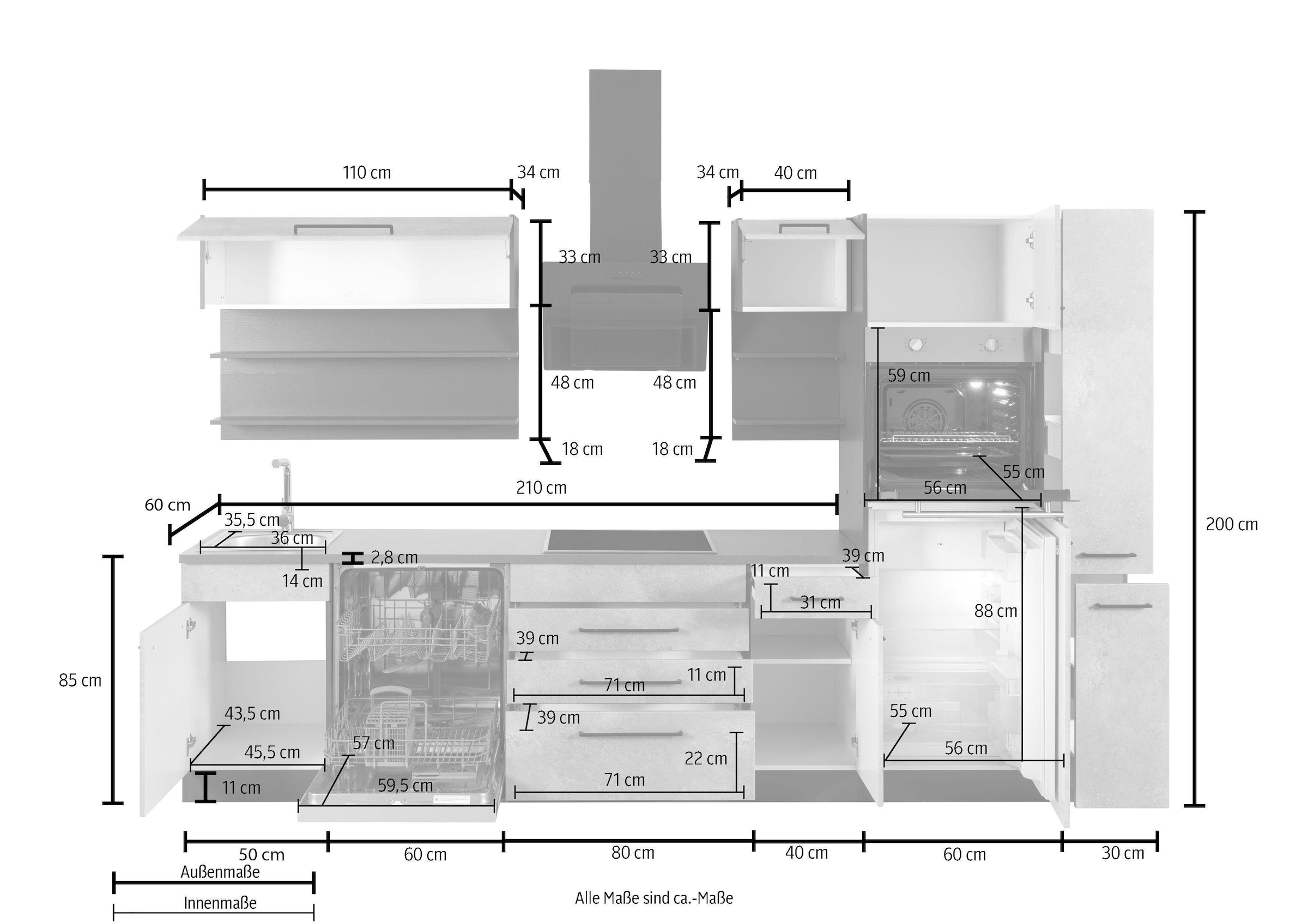 KOCHSTATION Küchenzeile »KS-Tulsa« mit E-Geräten, Breite 320 cm, schwarze Metallgriffe, MDF Fronten