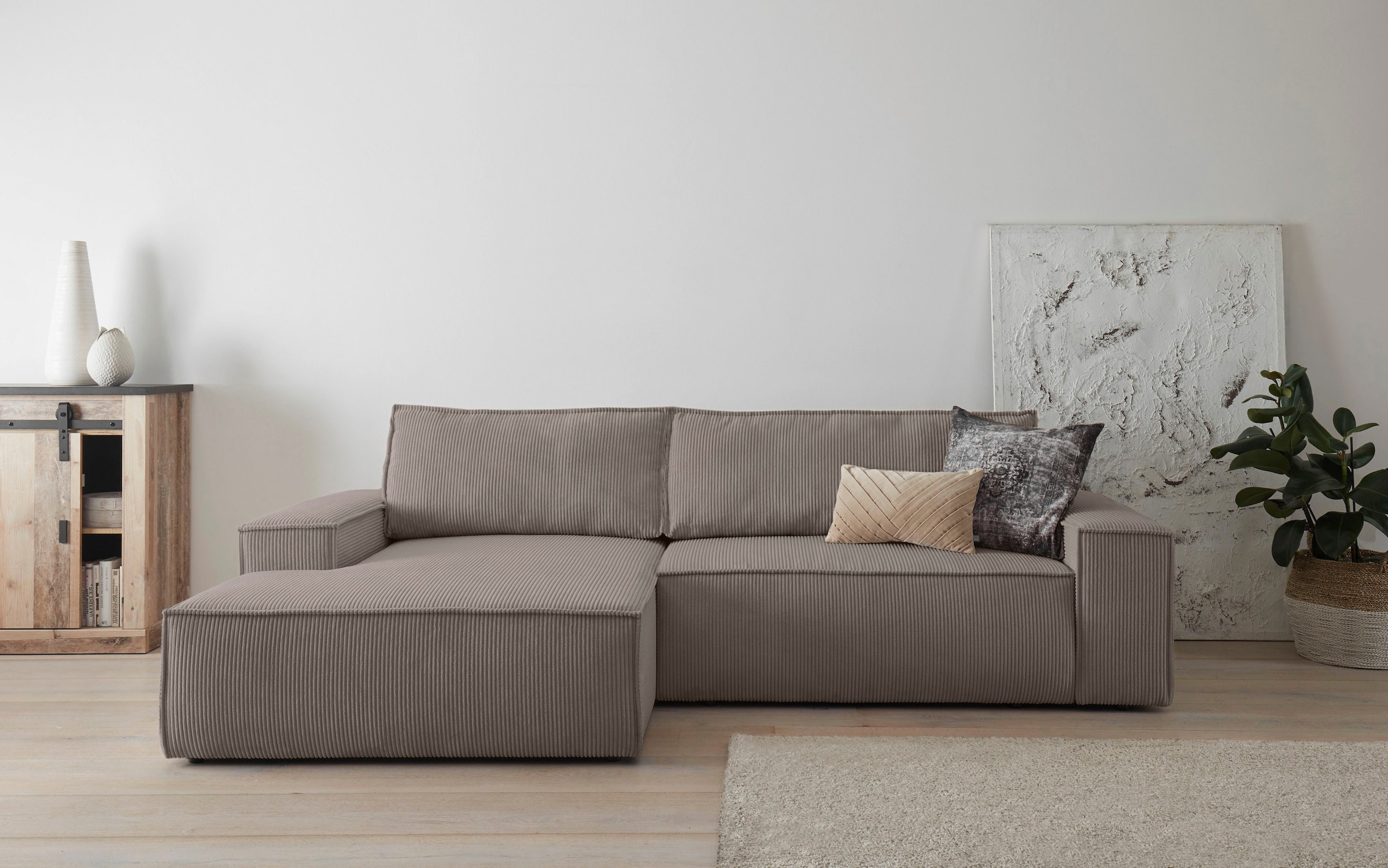 Home affaire Ecksofa »SHERWOOD Schlafsofa 267 cm, L-Form,«, Schlaffunktion mit Bettkasten (210x136 cm), Cord, Vintage, Samtvelours