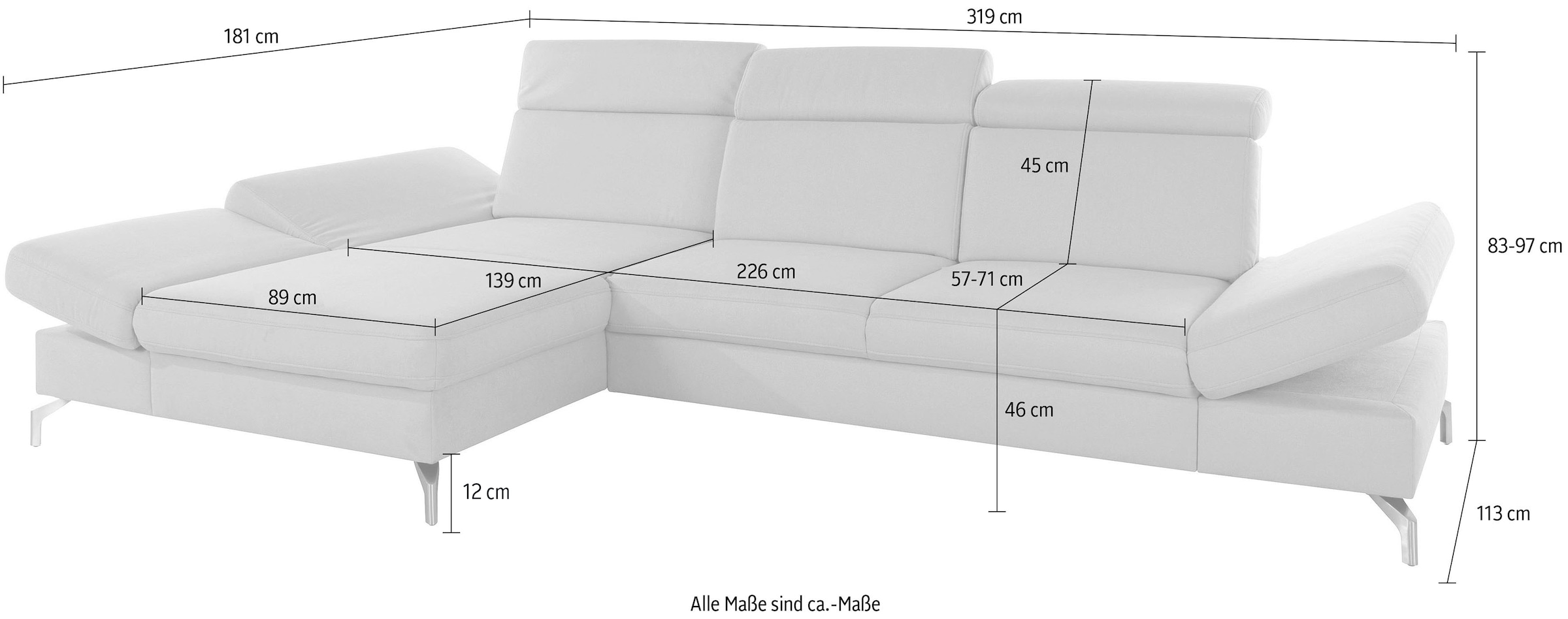 sit&more Ecksofa »Brisbane L-Form«, Fußhöhe 12 cm, inklusive Sitztiefen-, Armteil- und Kopfteilverstellung