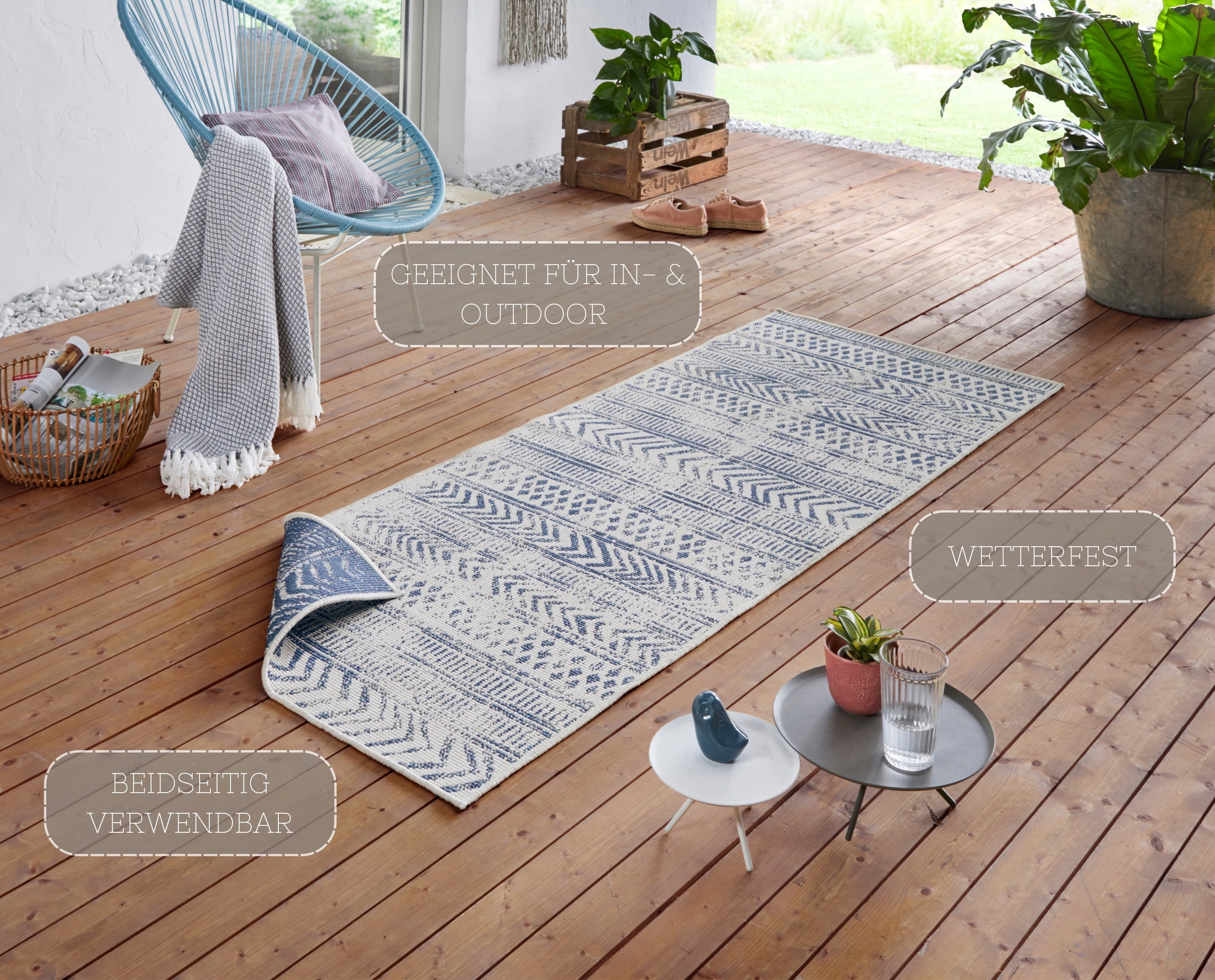 NORTHRUGS Teppich »BIRI Wendeteppich«, rechteckig, 5 mm Höhe, In-& Outdoor, Wetterfest, Balkon, Läufer, Wohnzimmer, Wasserfest, Boho