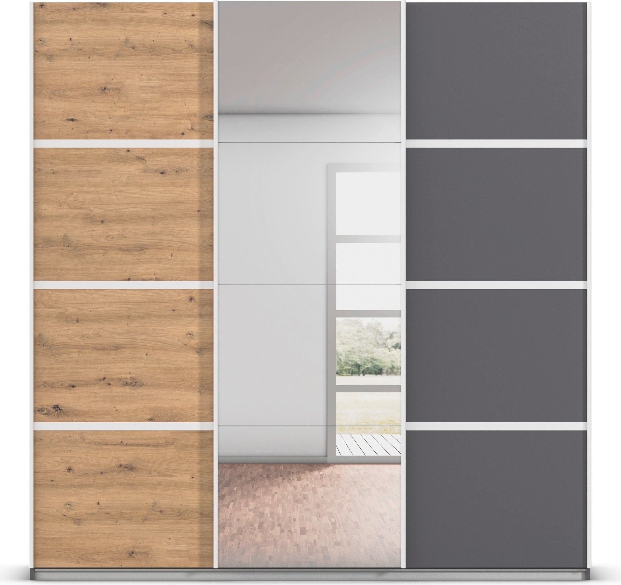 rauch Kleiderschrank »Schwebetürenschrank Garderobe Schrank TOP ANGEBOT Avola«, (in 3 verschiedenen Ausstattungen BASIC/CLASSIC/PREMIUM inkl. Spiegel), mit eleganten Zierleisten in Chrom, Schwarz oder Weiß MADE IN GERMANY