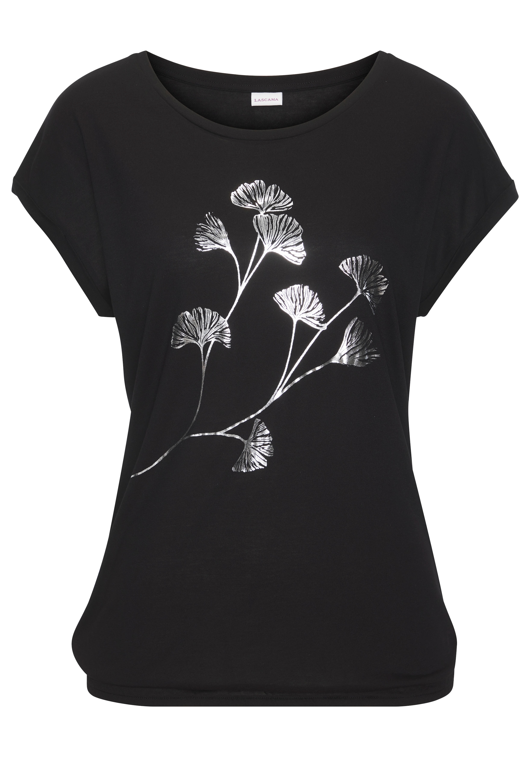 LASCANA Kurzarmshirt »mit schimmerndem Blumenprint«, aus elastischer Viskose-Qualität