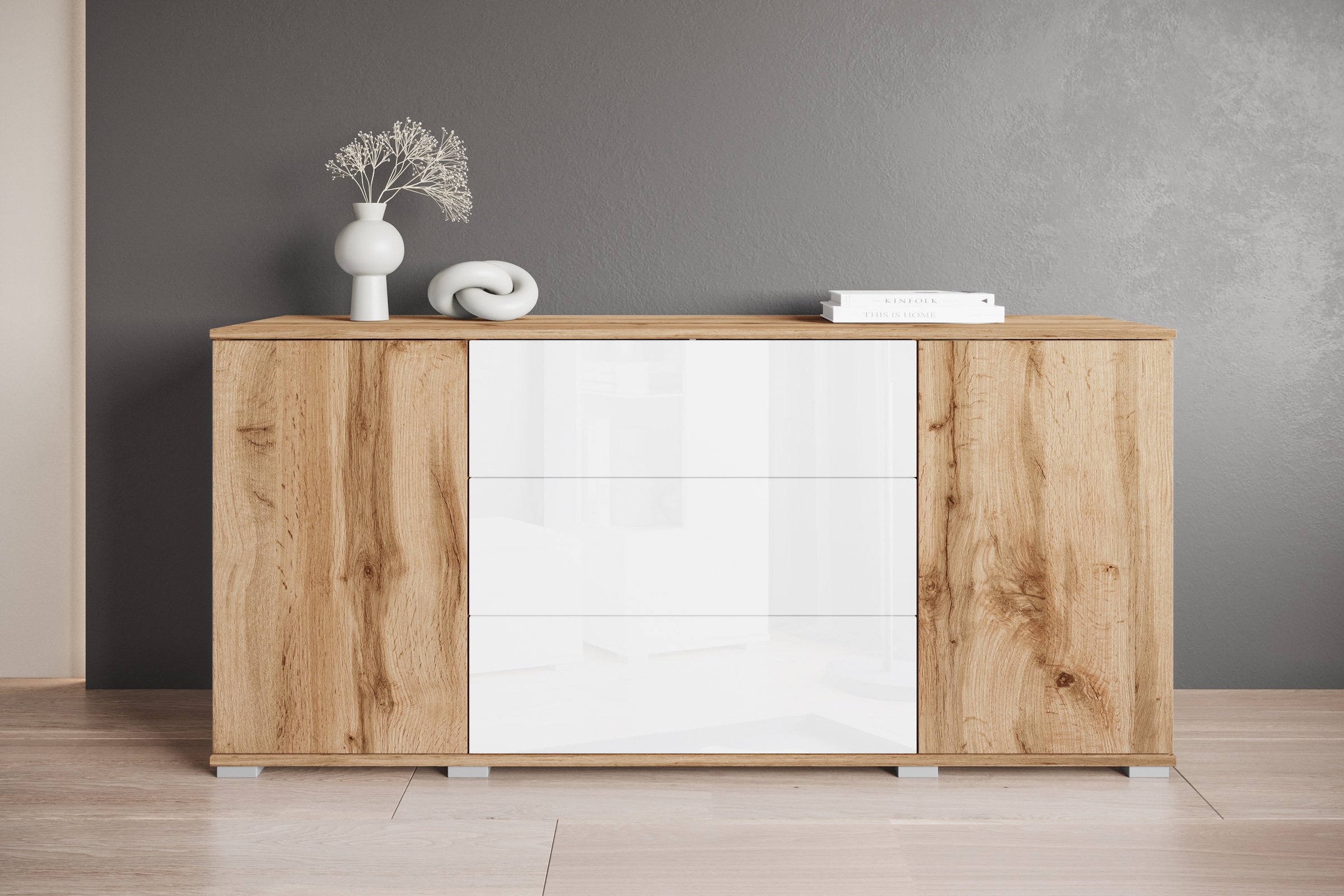 INOSIGN Sideboard »Kenia, Kommode für das Schlafzimmer/Wohnzimmer«, (1 St.), Modernes Sideboard mit 3 Schubladen und 4 Fächern, Breite 150 cm