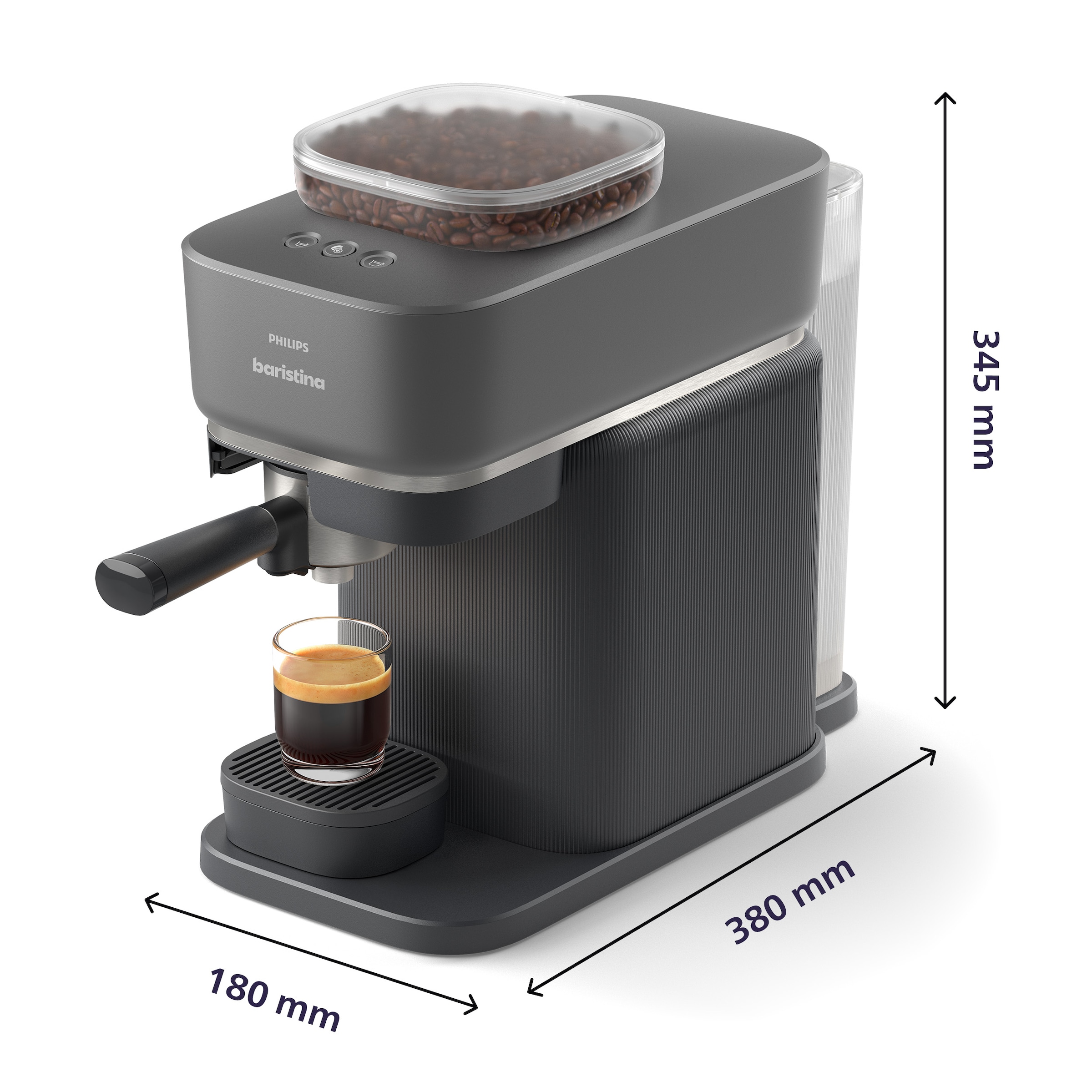 PHILIPS baristina Espressomaschine »BAR303/60 mit Mahlwerk für ganze Bohnen, Milchaufschäumer inkl.«, 16 bar Pumpendruck, Schwarzgrau