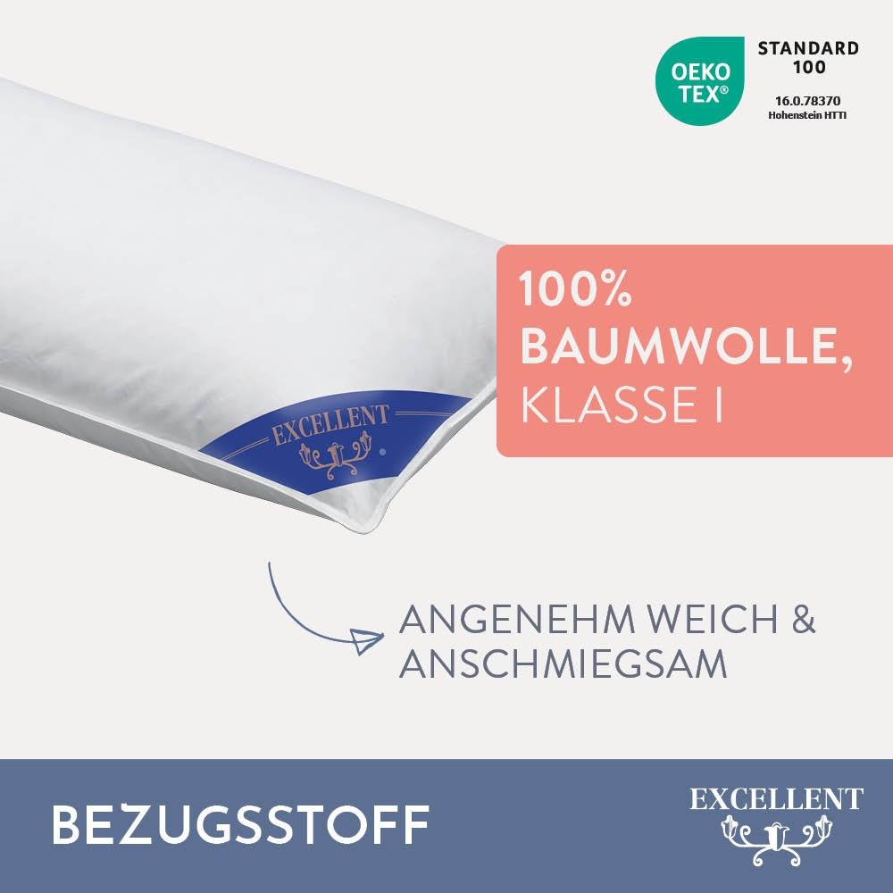 Excellent Federkopfkissen »Zürich, Kopfkissen in 40x80 und 80x80«, Füllung: 70% Federn, 30% Daunen, Bezug: 100% Baumwolle, (1 St.), allergikerfreundliches Kissen mit Daunenanteil