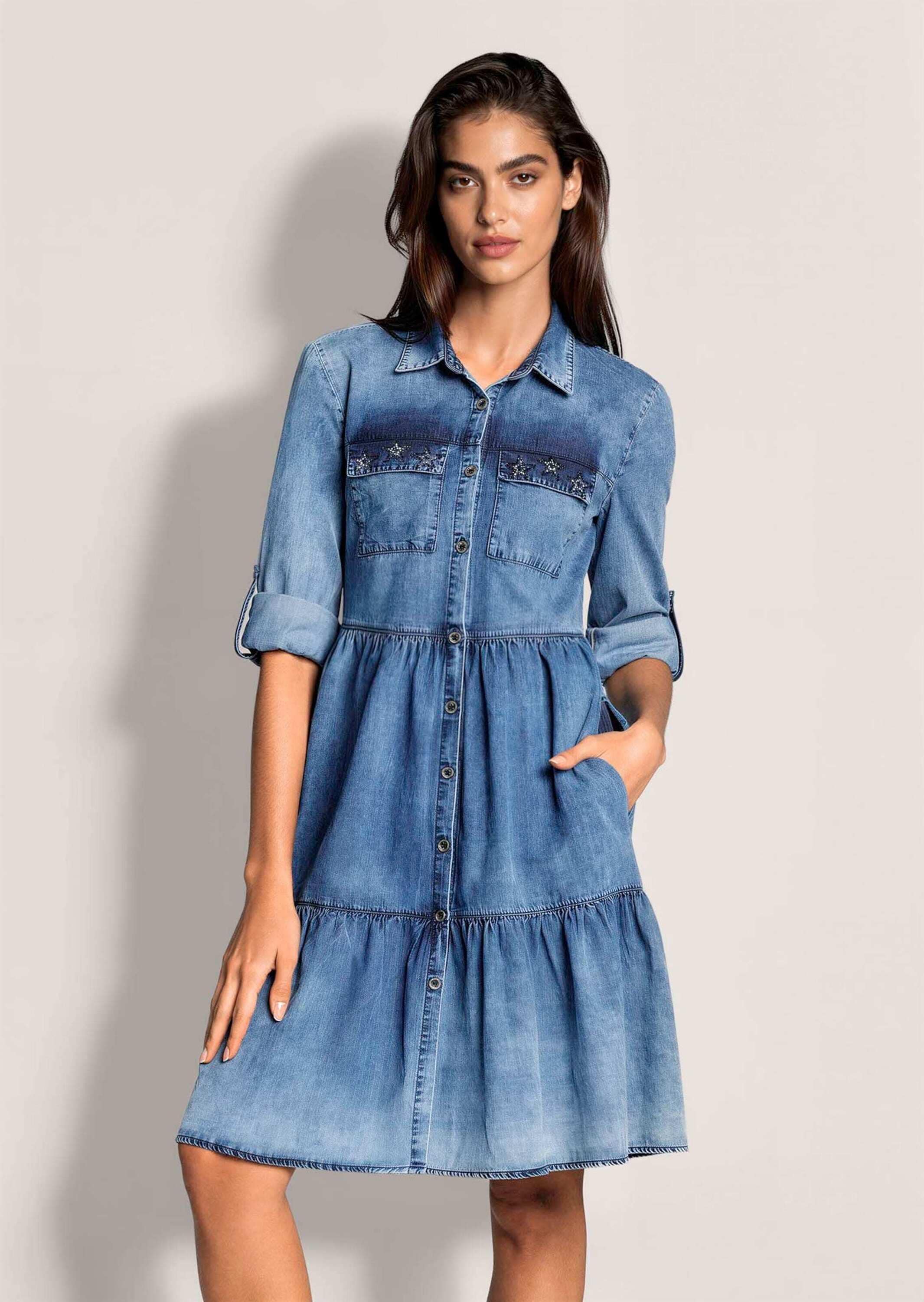 MADELEINE Midikleid »Kleid Jeanskleid mit Stufenrock« Brusttasche