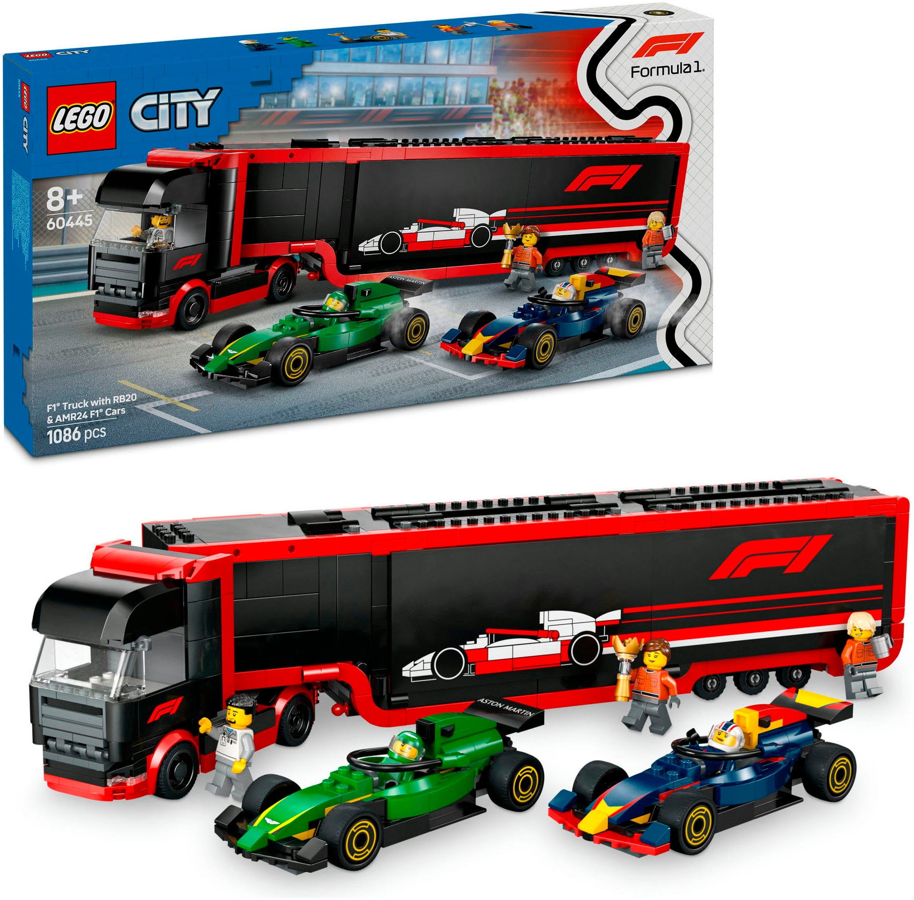 LEGO® Konstruktionsspielsteine »F1® Transporter mit RB20 & AMR24 F1® Rennautos (60445), LEGO City«, (1086 St.), Made in Europe