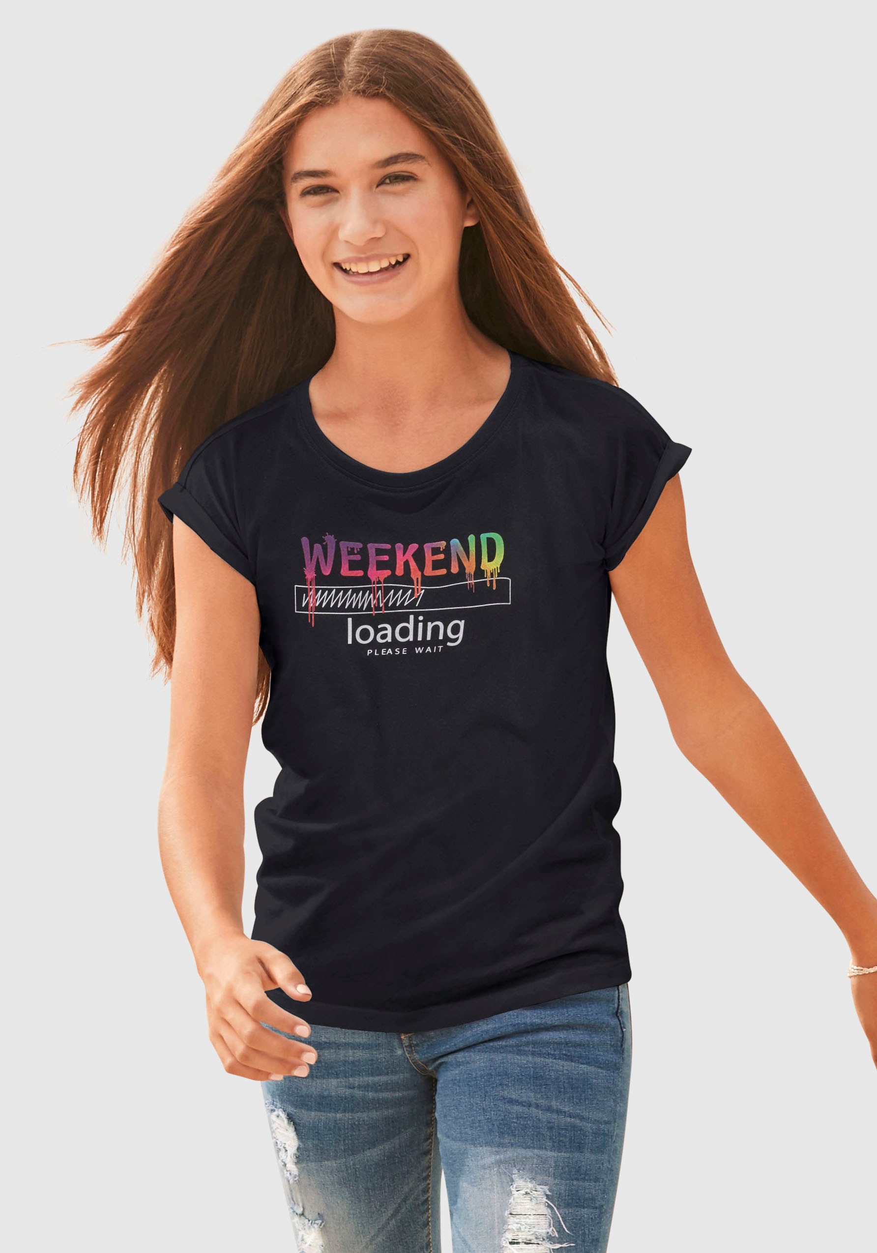 KIDSWORLD T-Shirt »WEEKEND loading...please wait«, in weiter legerer Form