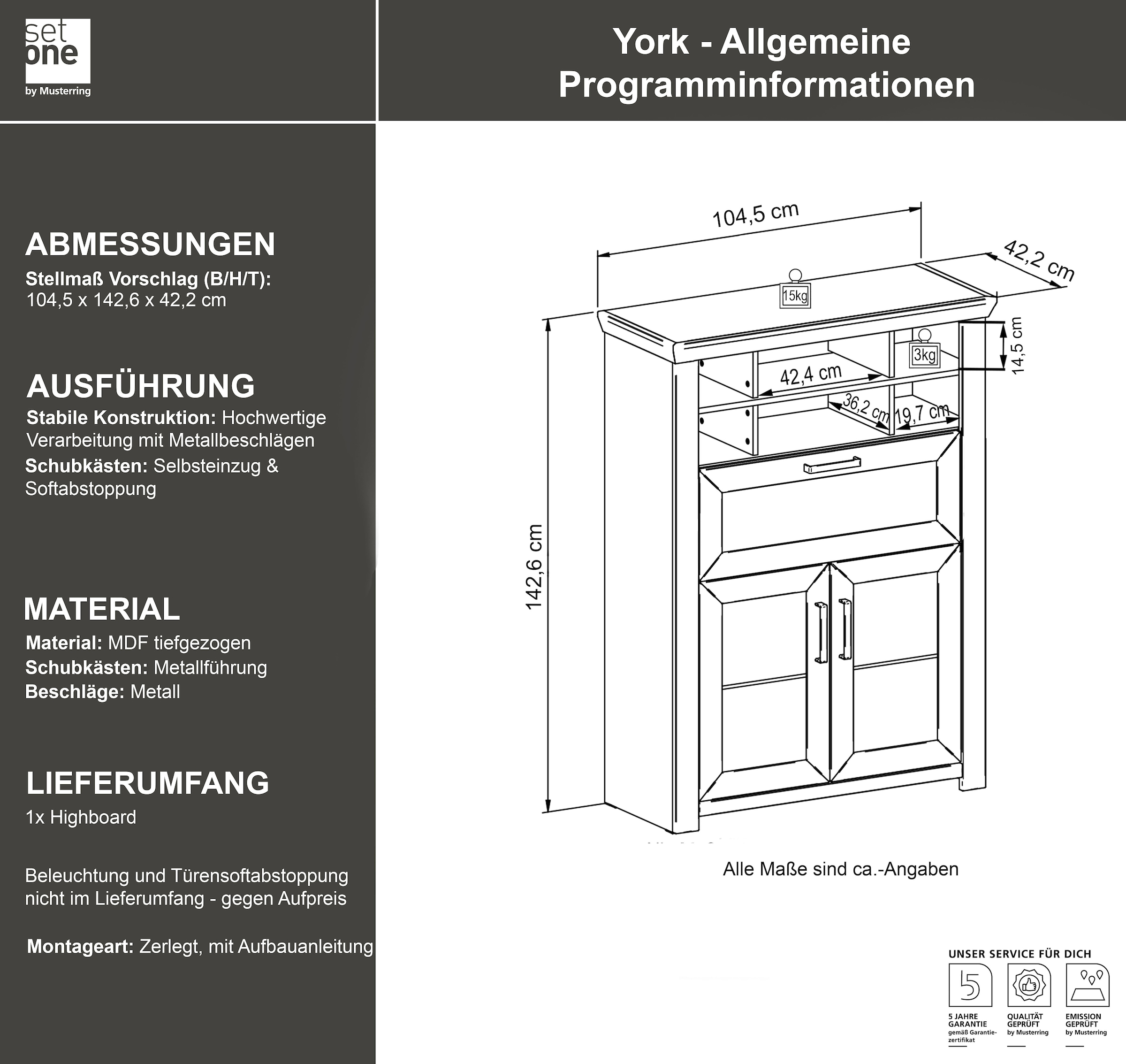set one by Musterring Highboard »York«, Typ 15, mit Holztüren und Klappe, Beleuchtung optional, Breite 105 cm