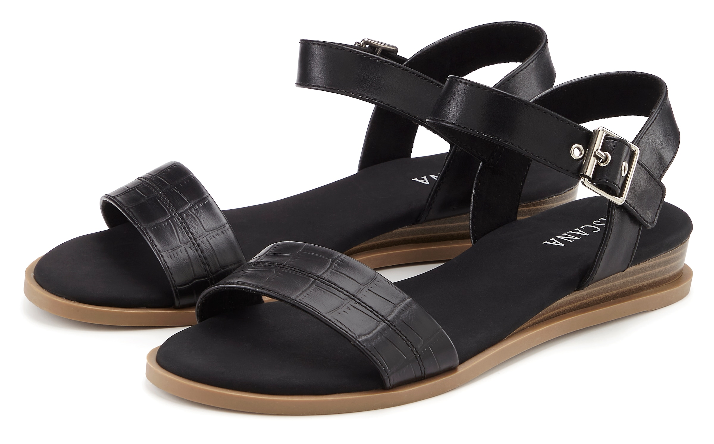 LASCANA Sandale »offener Schuh, Sandalette, Keilsandalette«  mit Kroko-Prägung und kleinem Keilabsatz