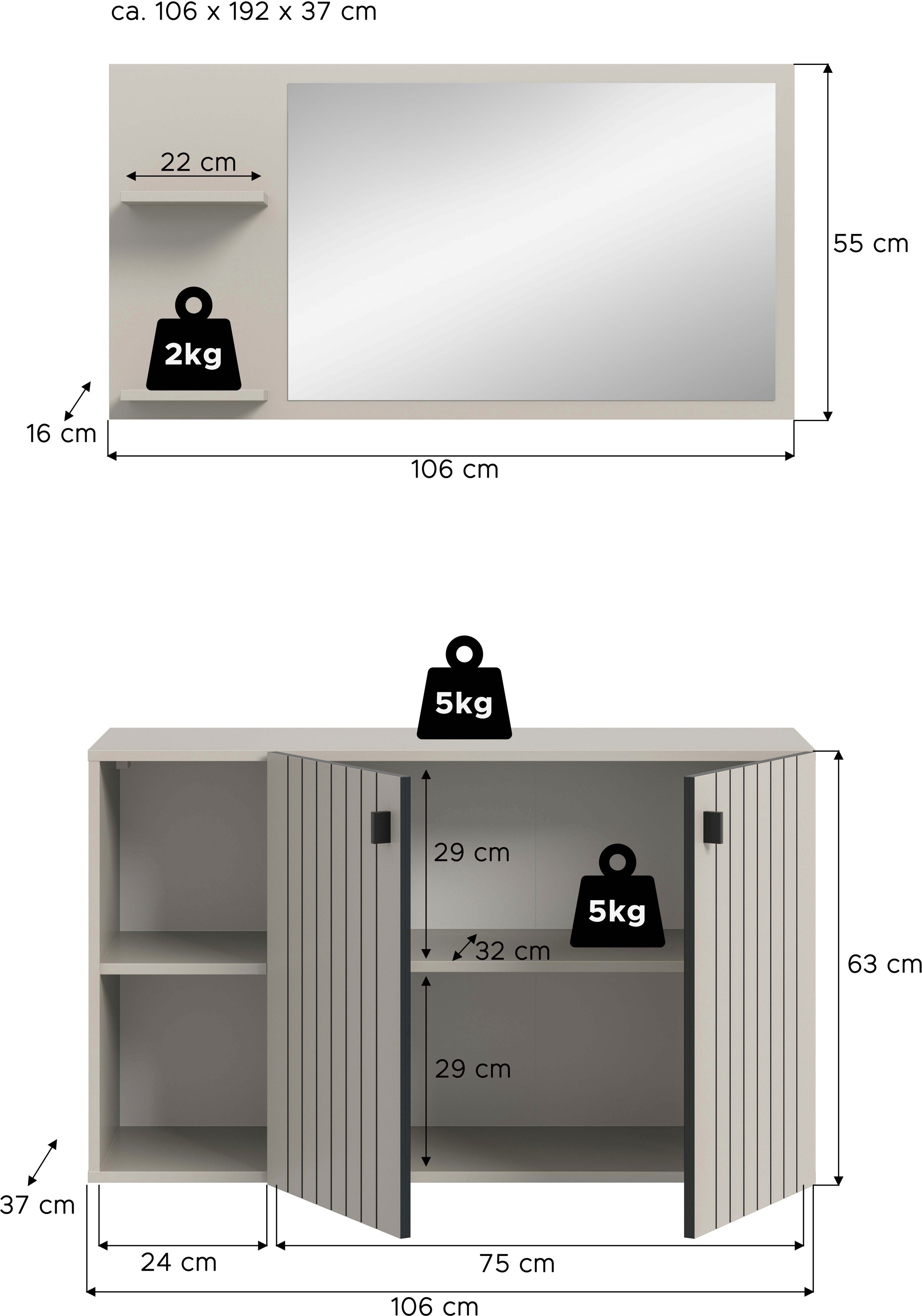 Home affaire Garderoben-Set »TATIO, 2-tlg. Garderobenkombination, Breite: 106 cm, Rillenfräsung« Set, Set, best. aus: 1 Spiegel, 1 Schuhkommode, 2 Stk. tlg.