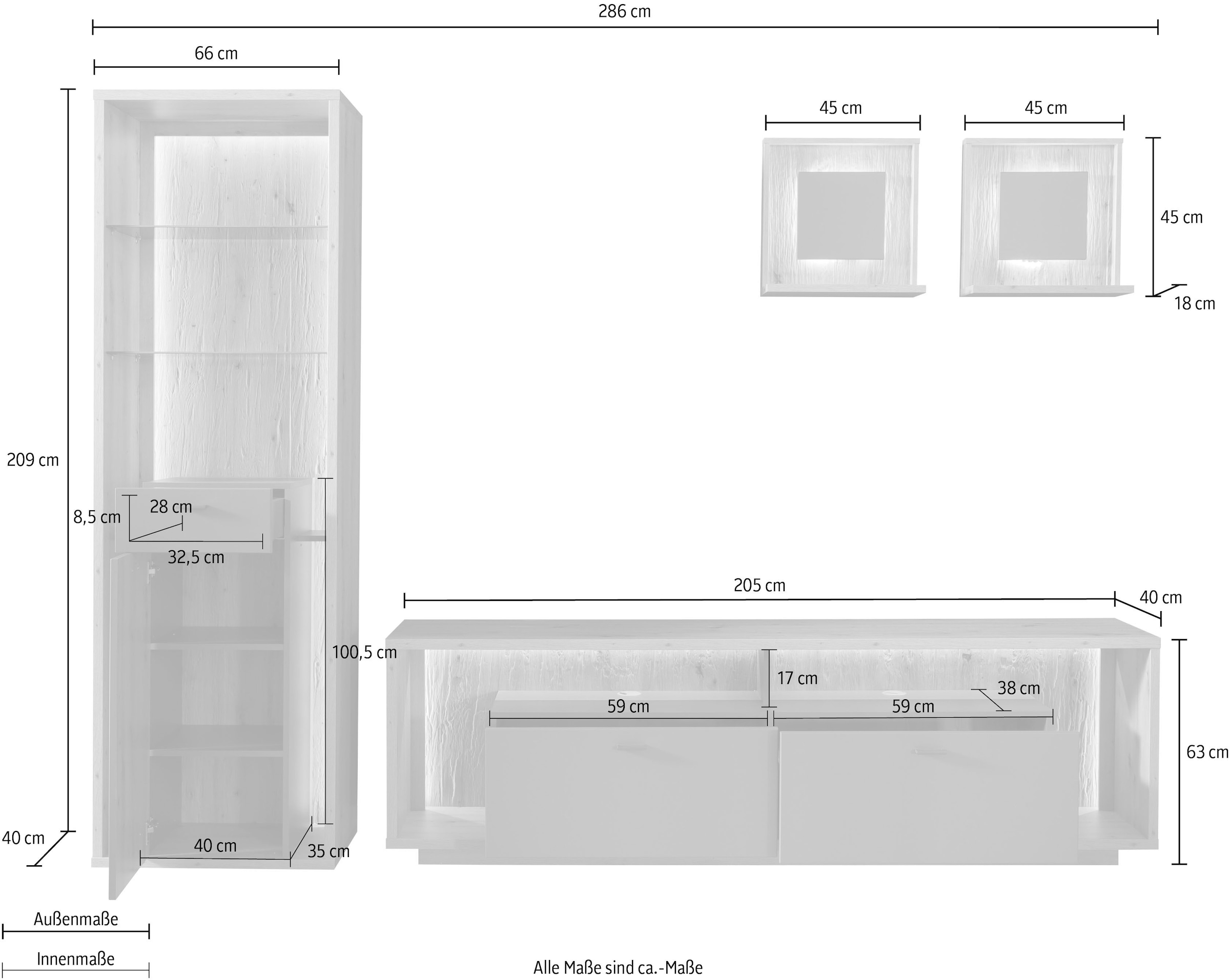 MCA furniture Wohnwand »Lizzano«, 4 Landhausstil 3-D mit OTTO Rückwand, St.), modernen mit online (Set, im bei wahlweise Beleuchtung