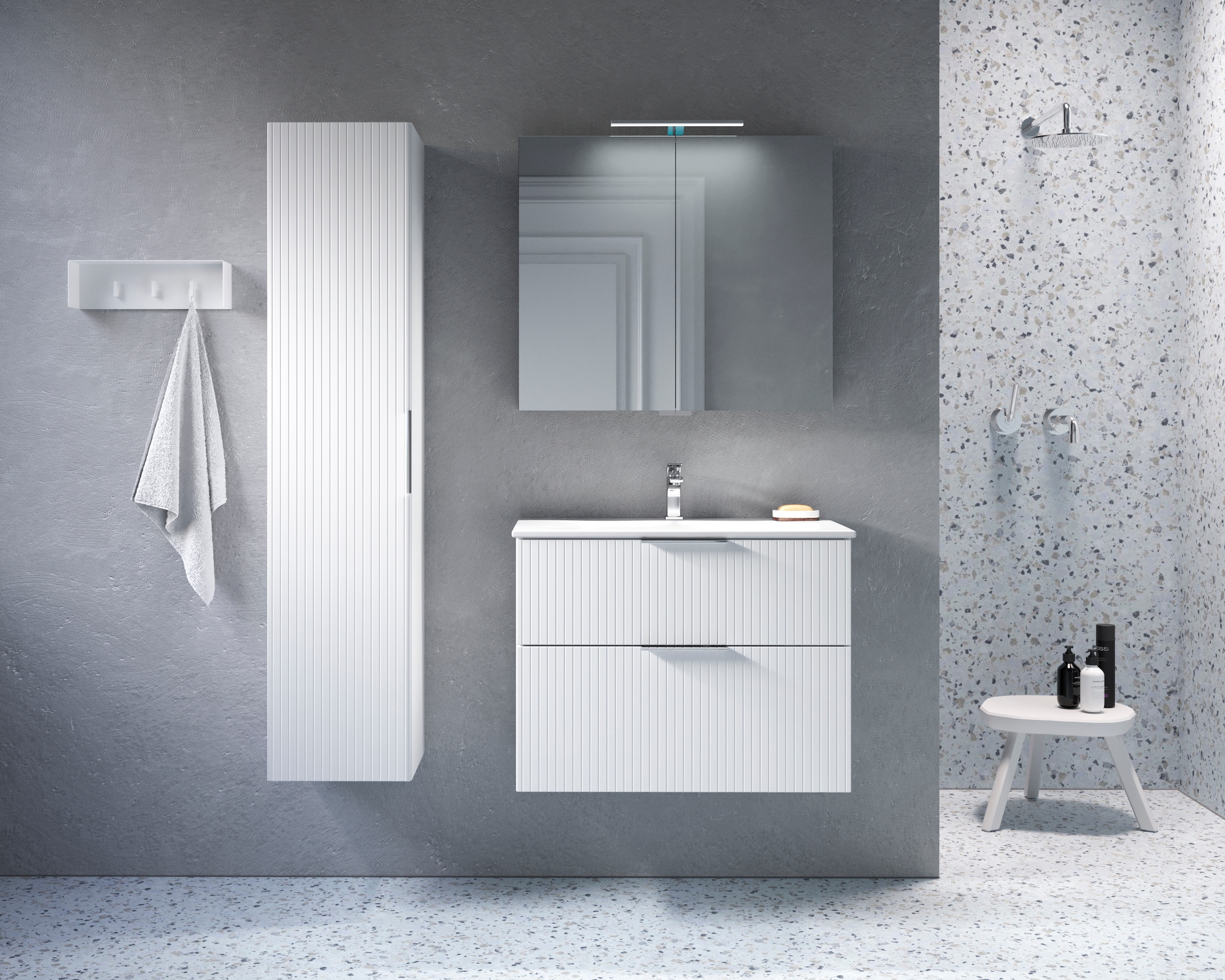 welltime Waschtisch »G-Line«, mit Keramik Waschbecken, Schubladen mit Softclose, trendig geriffelt