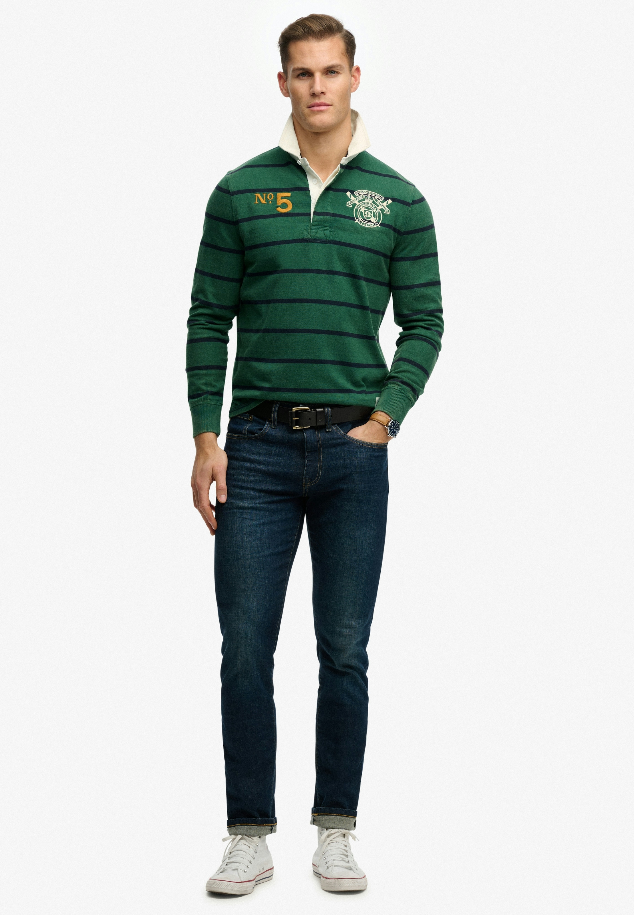Superdry Langarmshirt »DOUBLE EMBLEM STRIPE RUGBY« aus Baumwolle und Single Jersey, Relaxed Fit, gestreifte Optik