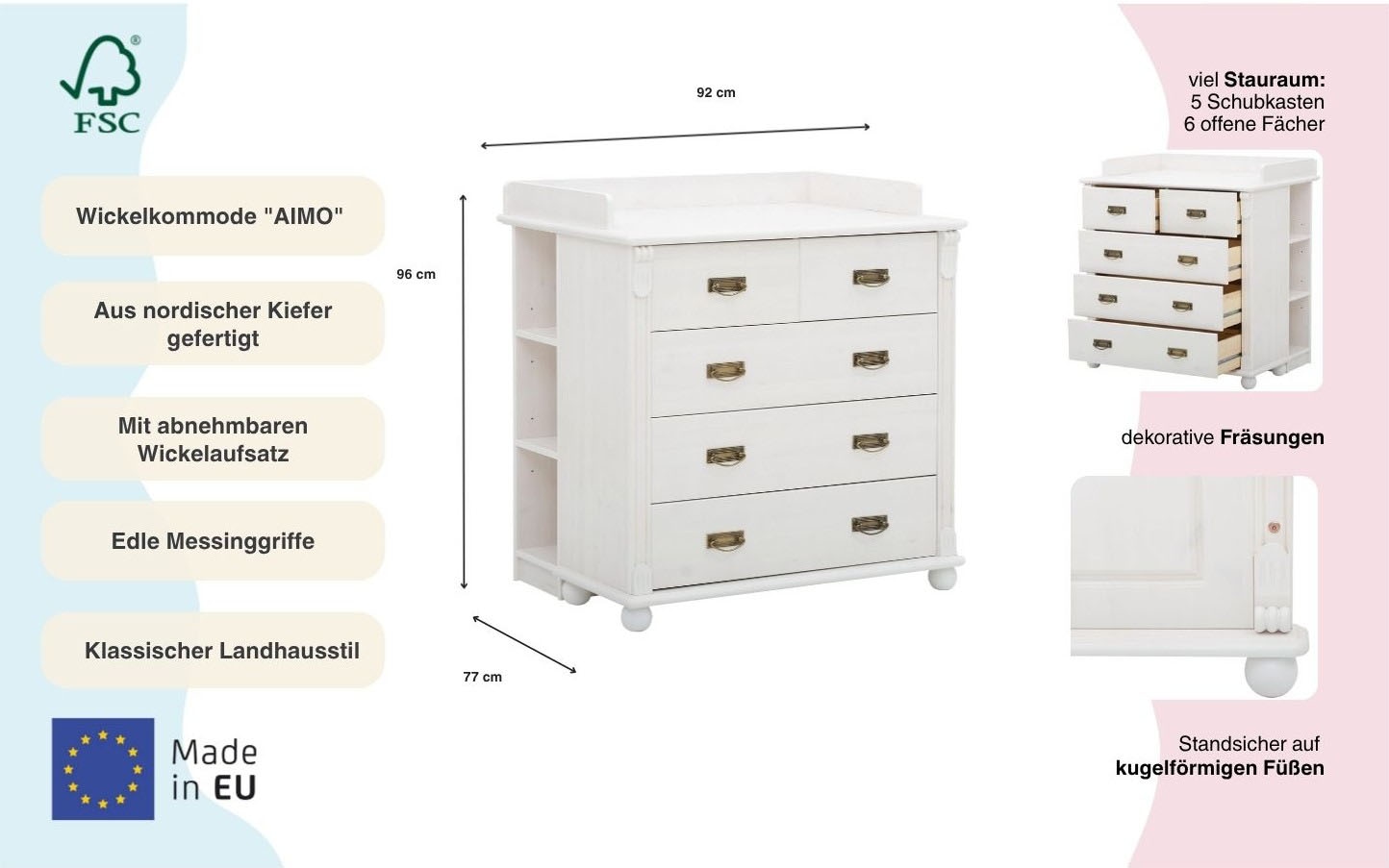 OTTO home Wickelkommode »"Aimo", Kommode, Landhausstil, mit edlen Messinggriffen und Details« bis 15 kg aus Massivholz (Kiefer); FSC®-Holz 92 cm