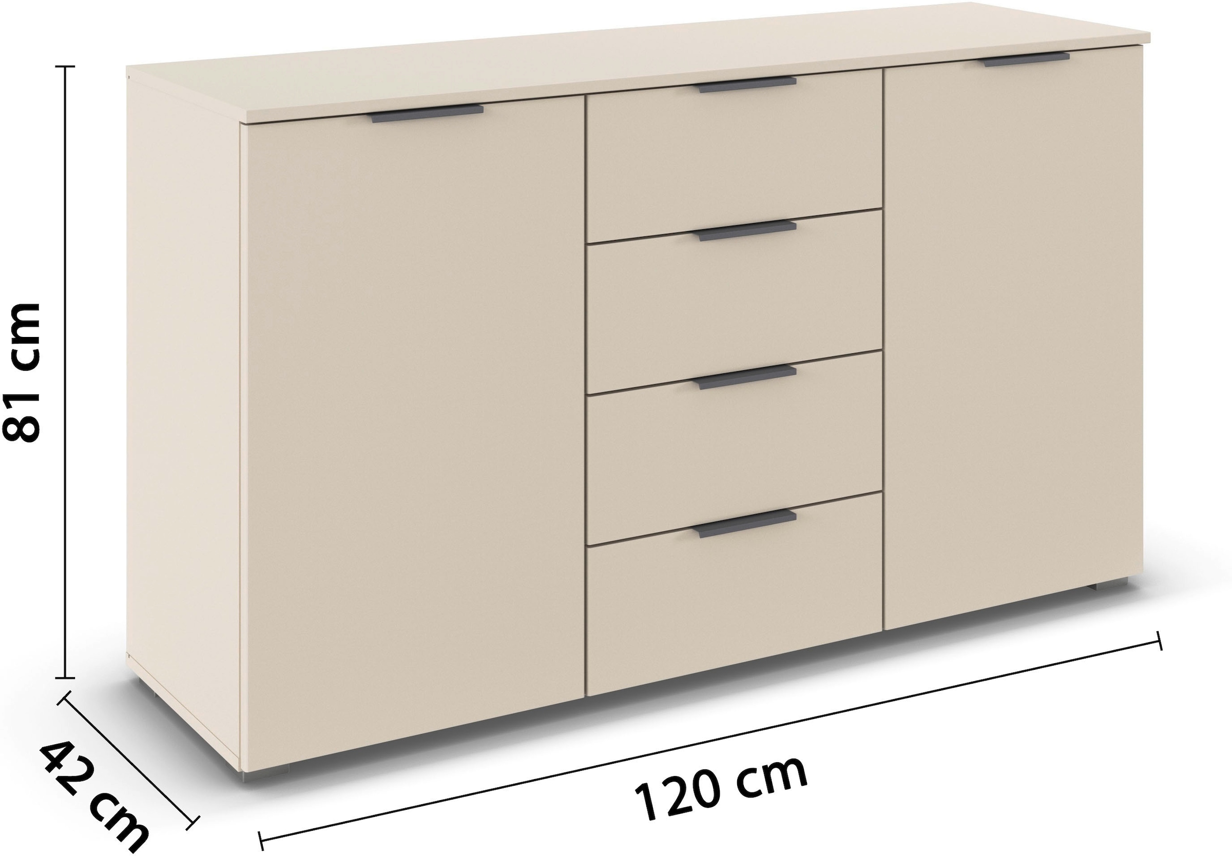 OTTO home Kombikommode »Sideboard Schubladenkommode AGORDO mit Dekor- oder Hochglanzfront« in zwei Griff-Farben, Breite 120 cm,  vier große Schubladen, mit insgesamt 4 Einlegeböden MADE IN GERMANY