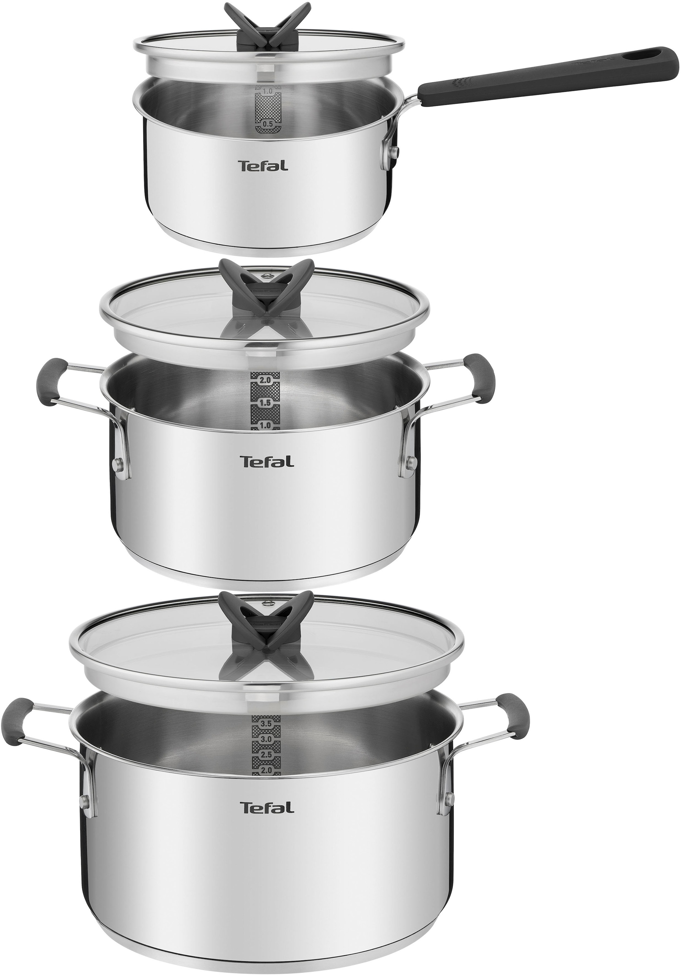 Tefal Topf-Set »G7376S Opti'Space« Set, Stielkasserolle 16 cm, Kochtopf 20/24 cm, je mit Deckel, 6 Stk. tlg. Edelstahl