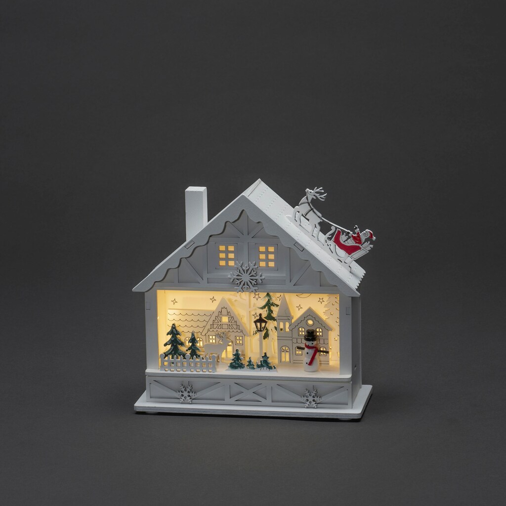 KONSTSMIDE Weihnachtshaus »LED Holzsilhouette Haus, weiß, 4 warmweiße Dioden, batteriebetrieben«