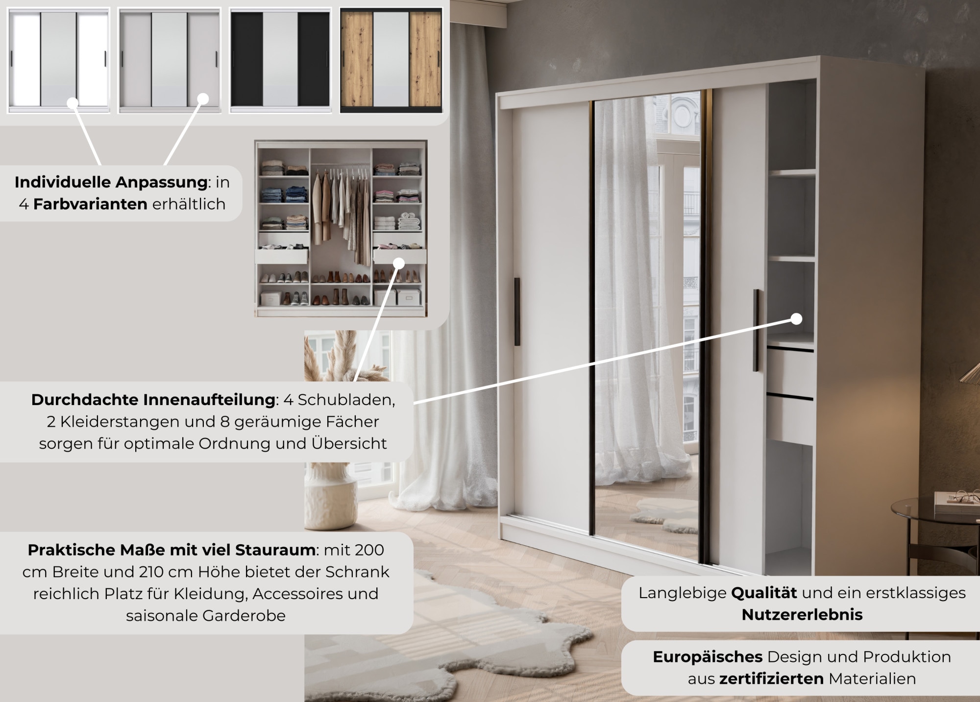 OTTO home Schwebetürenschrank »JORELLA, Premium Innenausstattung, maximaler Stauraum, Made in EU« H/B/T ca. 210/200/59 cm, 4 Schubladen, 2 Kleiderstangen, 8 Fächer,  3 Türen, schwarze Kontraste, Spiegel, modernes Design