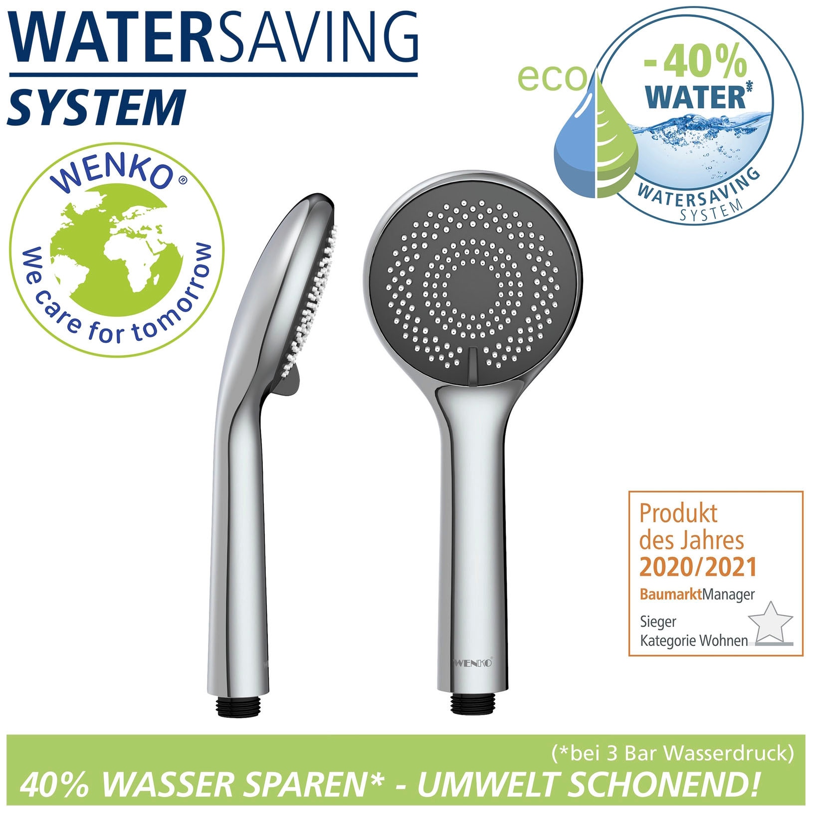 WENKO Handbrause »Watersaving System«, Duschkopf Watersaving, Durchmesser 9,6 cm