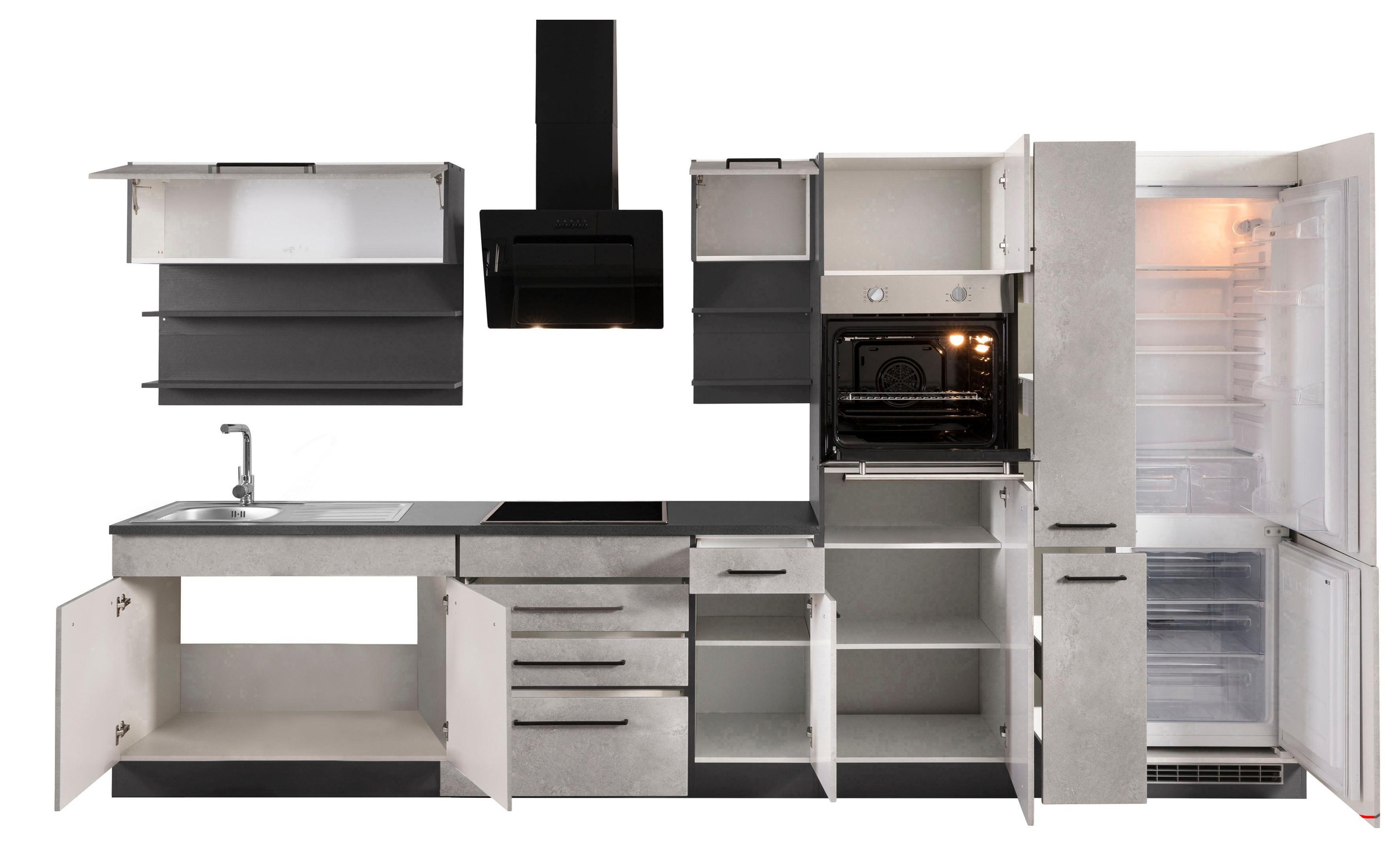 KOCHSTATION Küchenzeile »KS-Tulsa«, mit E-Geräten, Breite 360 cm, schwarze Metallgriffe, MDF Fronten