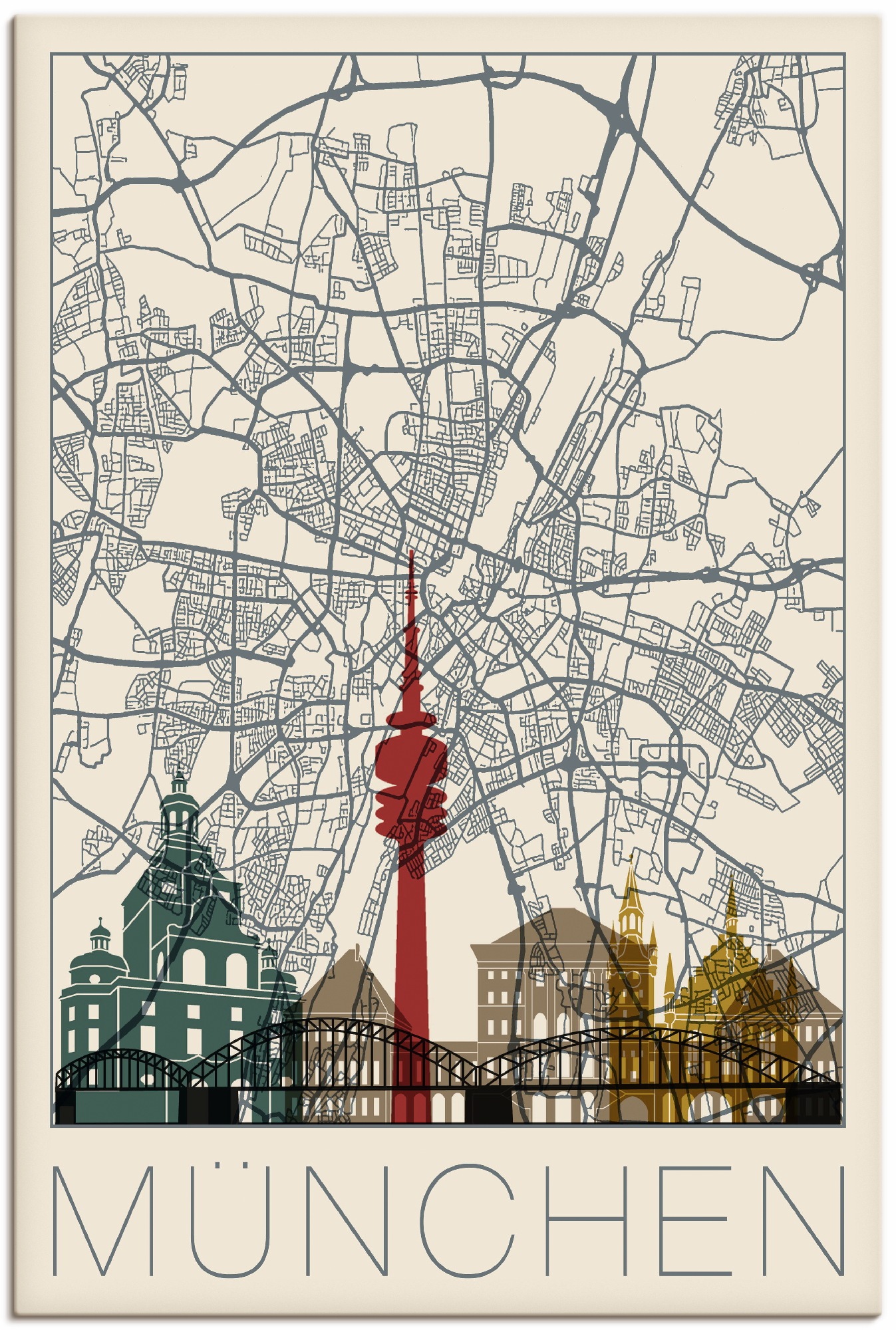 Artland Wandbild »Retro Karte München«, Deutschland, (1 St.), in vielen Größen & Produktarten - Alubild / Outdoorbild für den Außenbereich, Leinwandbild, Poster, Wandaufkleber / Wandtattoo auch für Badezimmer geeignet