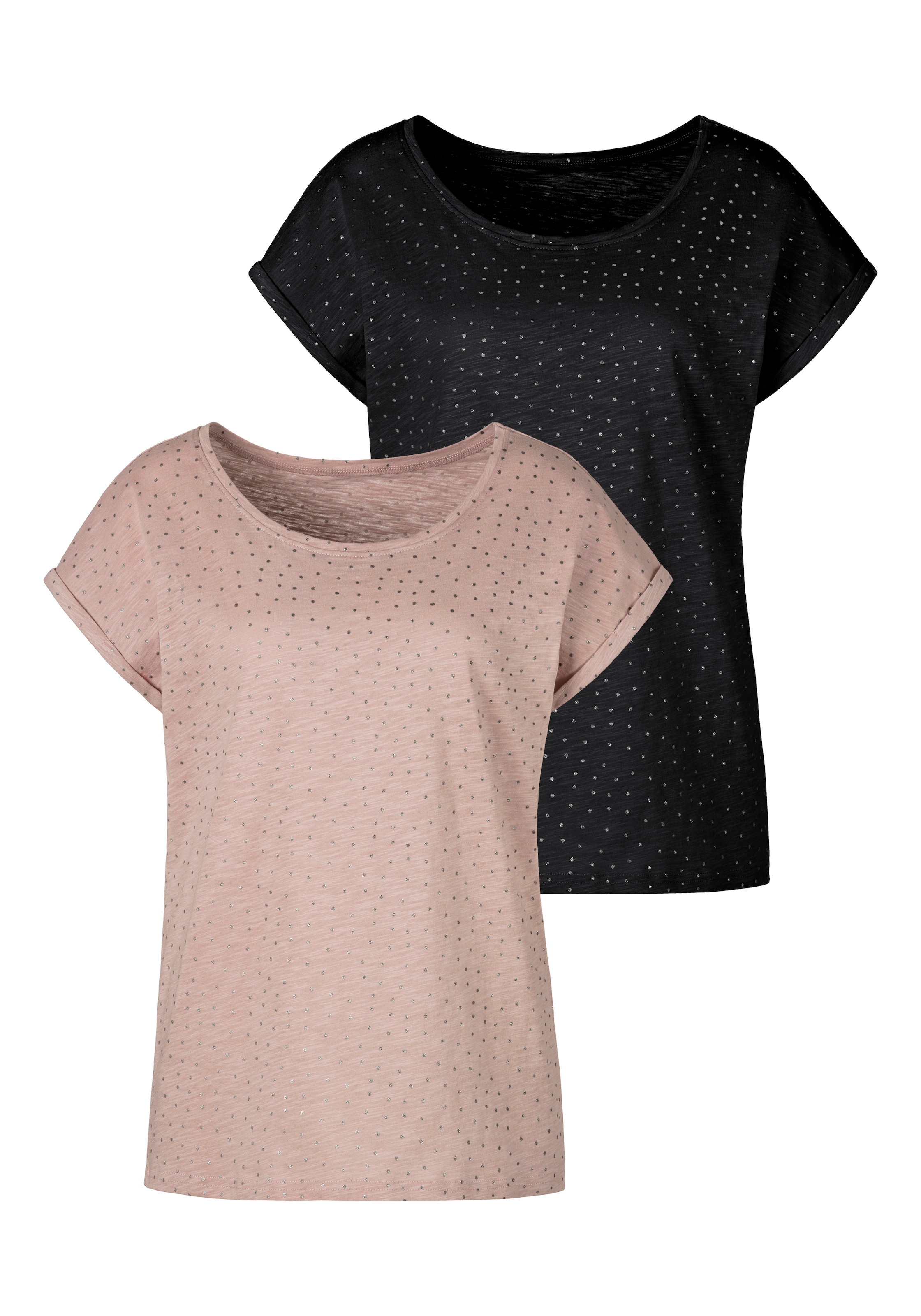 Vivance Kurzarmshirt »mit silbrigen Glitzerpünktchen«, (2er-Pack), aus weicher Baumwoll-Qualität