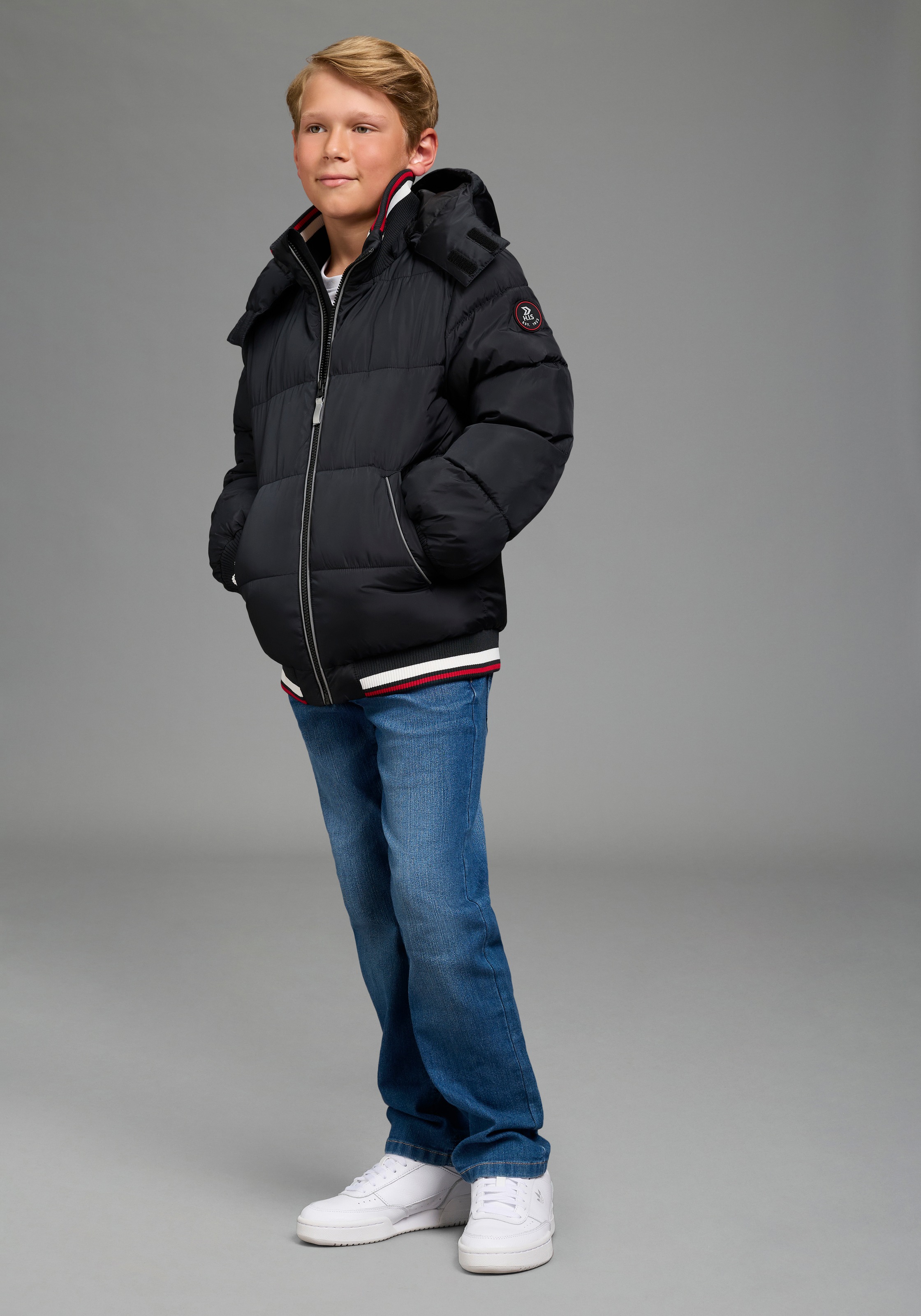 H.I.S Outdoorjacke »H.I.S Winterjacke mit Ringelbündchen« mit Kapuze Warme Jacke mit Ringelbündchen und Fleecefutter, abnehmbarer Kapuze
